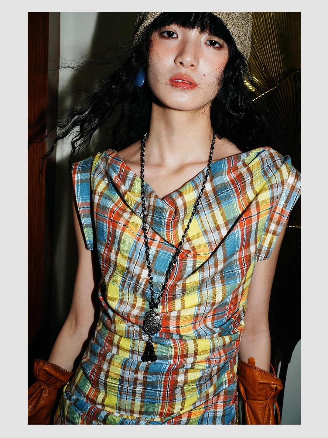 badtaste Yellow Vintage Plaid Drape Collar Pleated Structured Women's Casual Maxi Dresses
