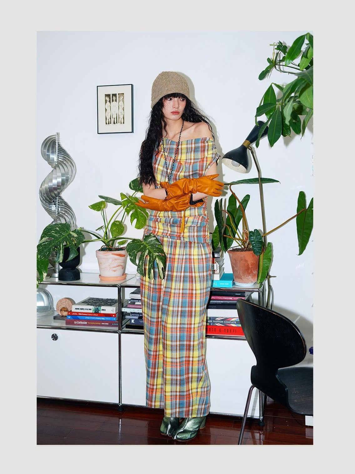badtaste Yellow Vintage Plaid Drape Collar Pleated Structured Women's Casual Maxi Dresses