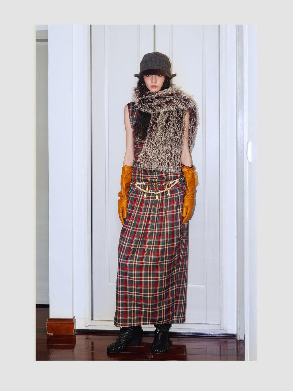 badtaste Yellow Vintage Plaid Drape Collar Pleated Structured Women's Casual Maxi Dresses