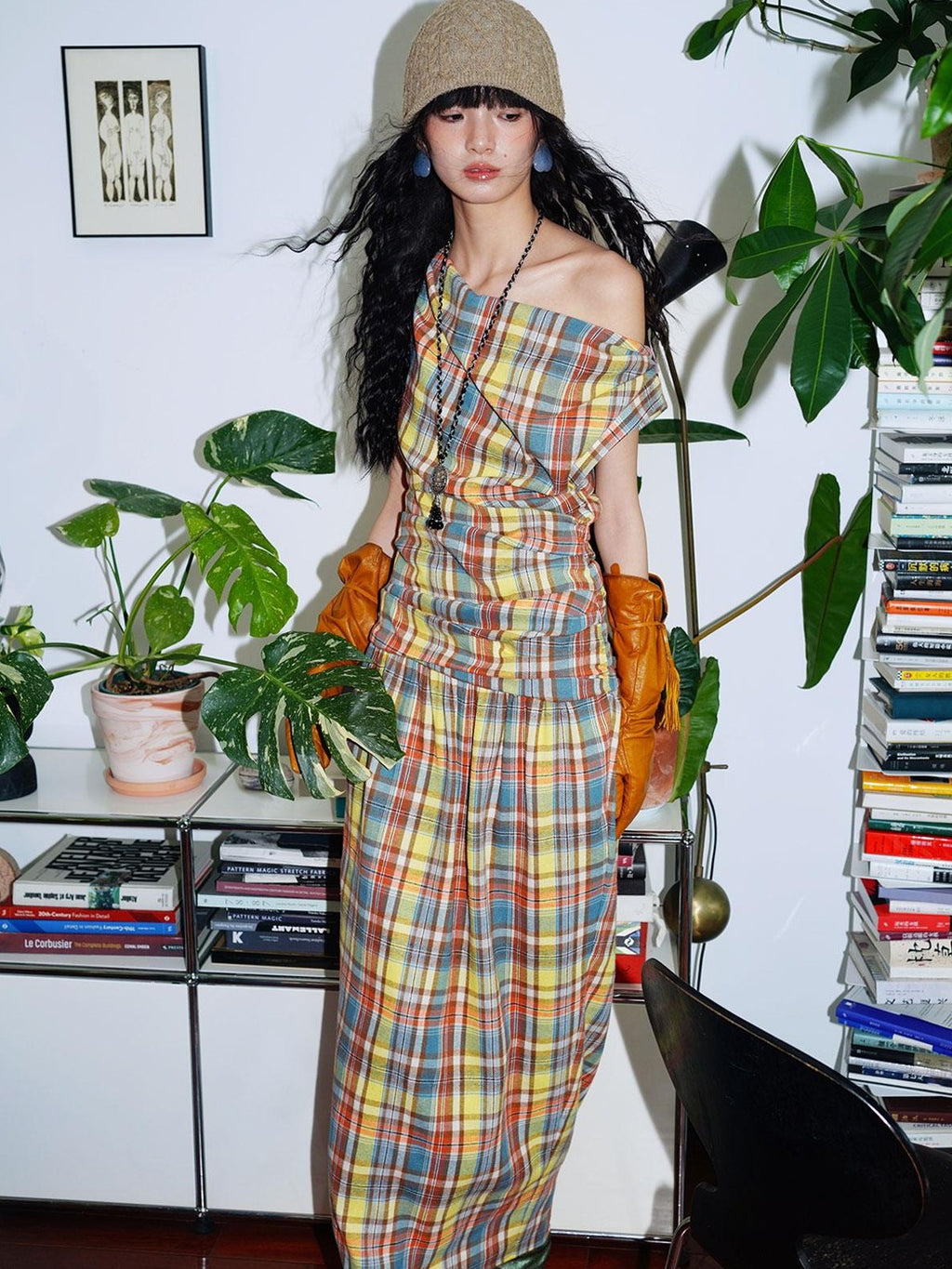badtaste Yellow Vintage Plaid Drape Collar Pleated Structured Women's Casual Maxi Dresses