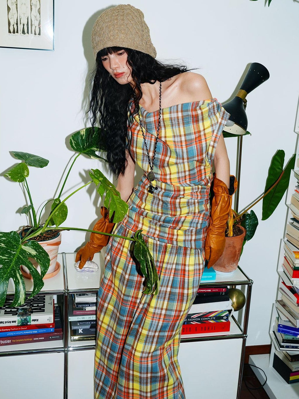 badtaste Yellow Vintage Plaid Drape Collar Pleated Structured Women's Casual Maxi Dresses