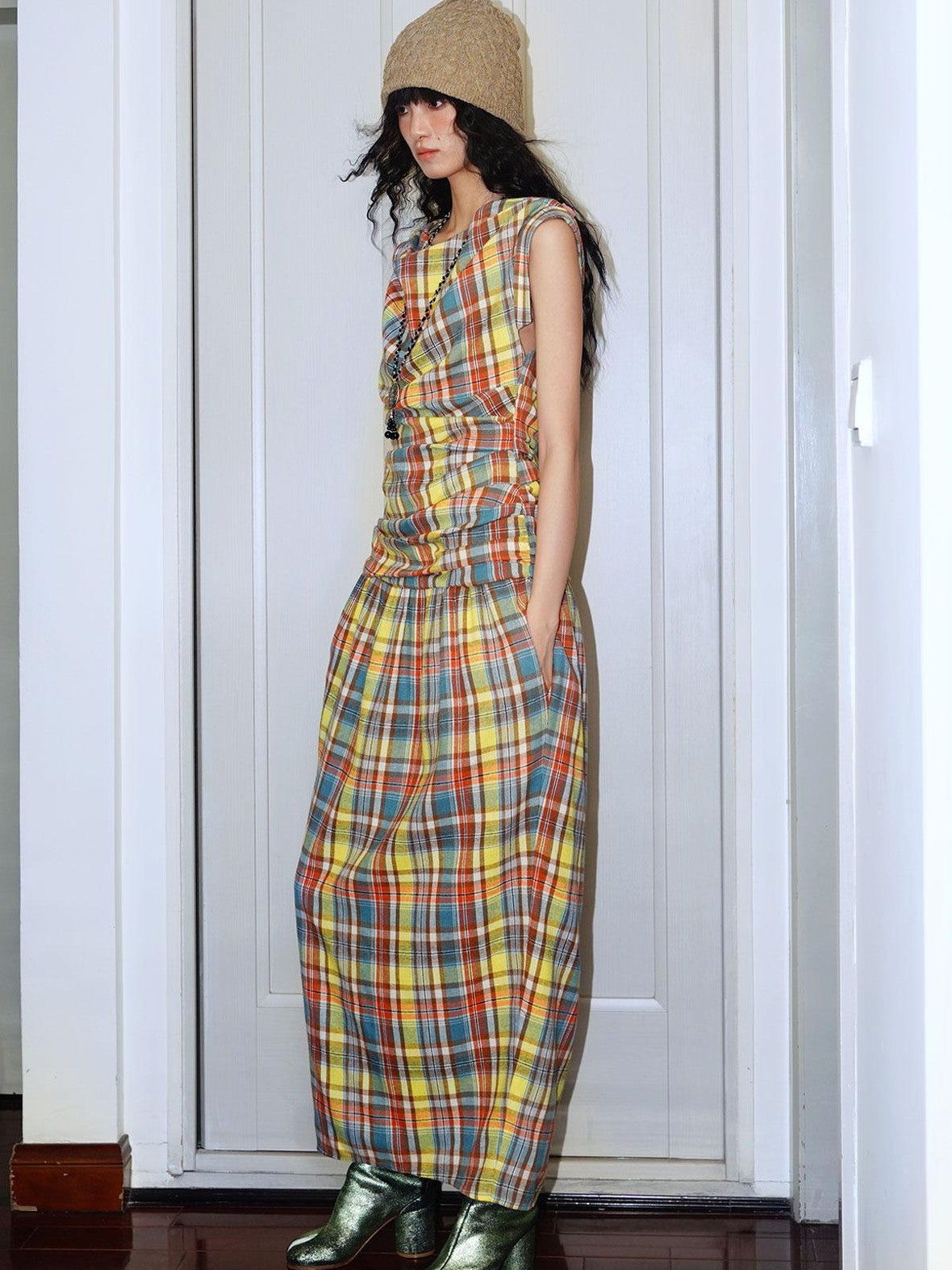 badtaste Yellow Vintage Plaid Drape Collar Pleated Structured Women's Casual Maxi Dresses