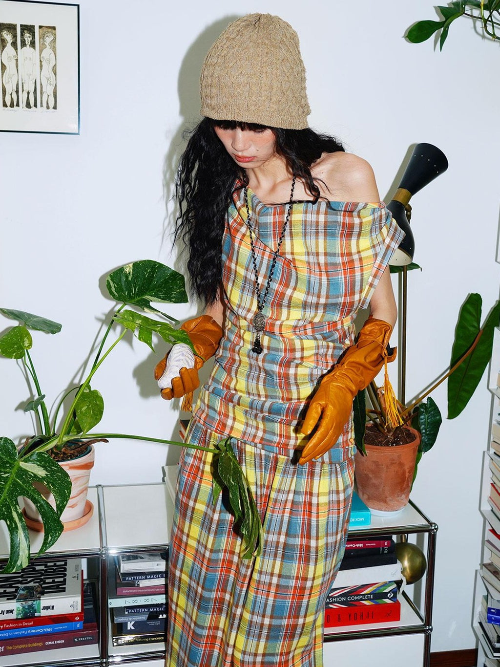 badtaste Yellow Vintage Plaid Drape Collar Pleated Structured Women's Casual Maxi Dresses