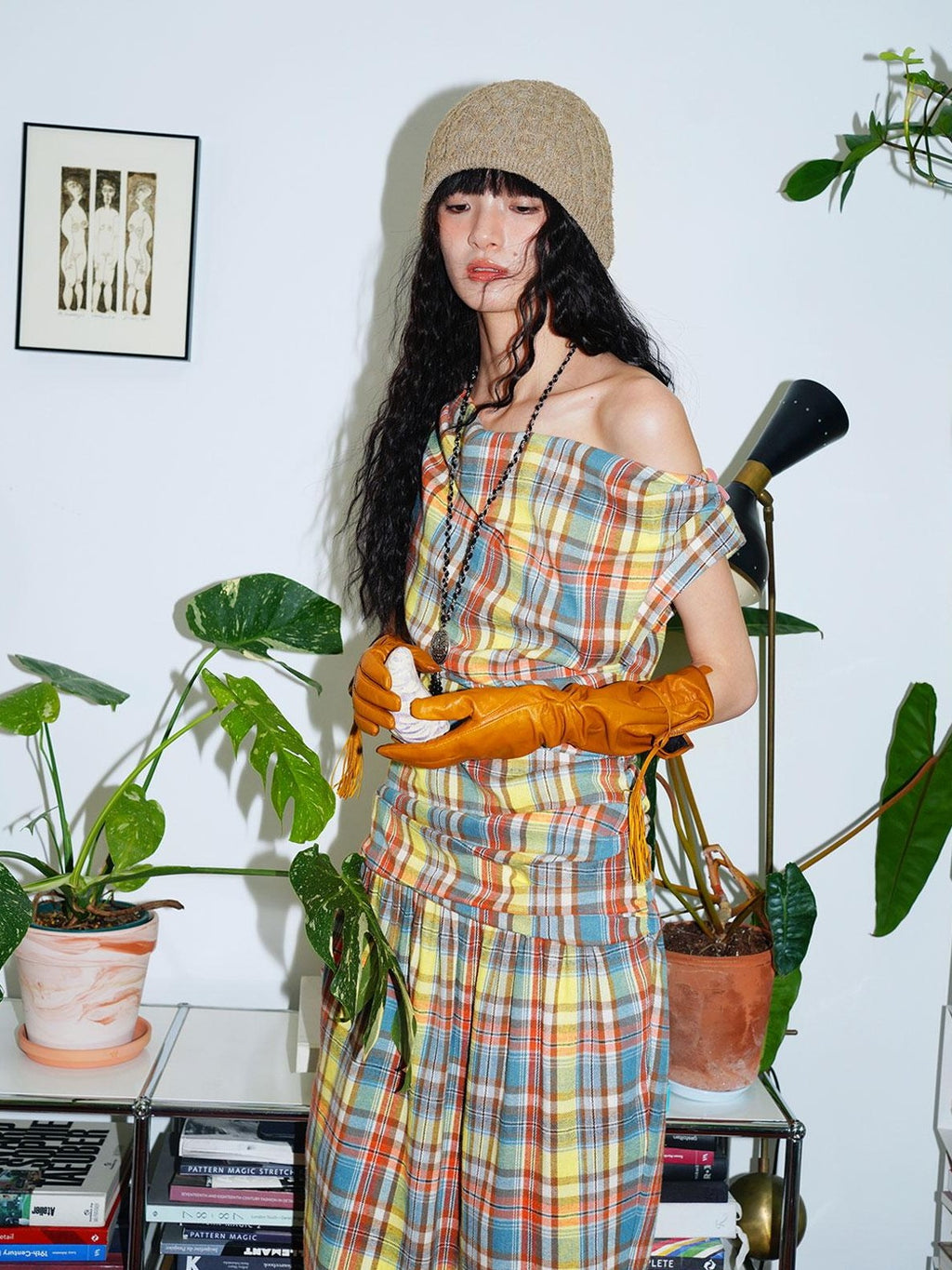 badtaste Yellow Vintage Plaid Drape Collar Pleated Structured Women's Casual Maxi Dresses