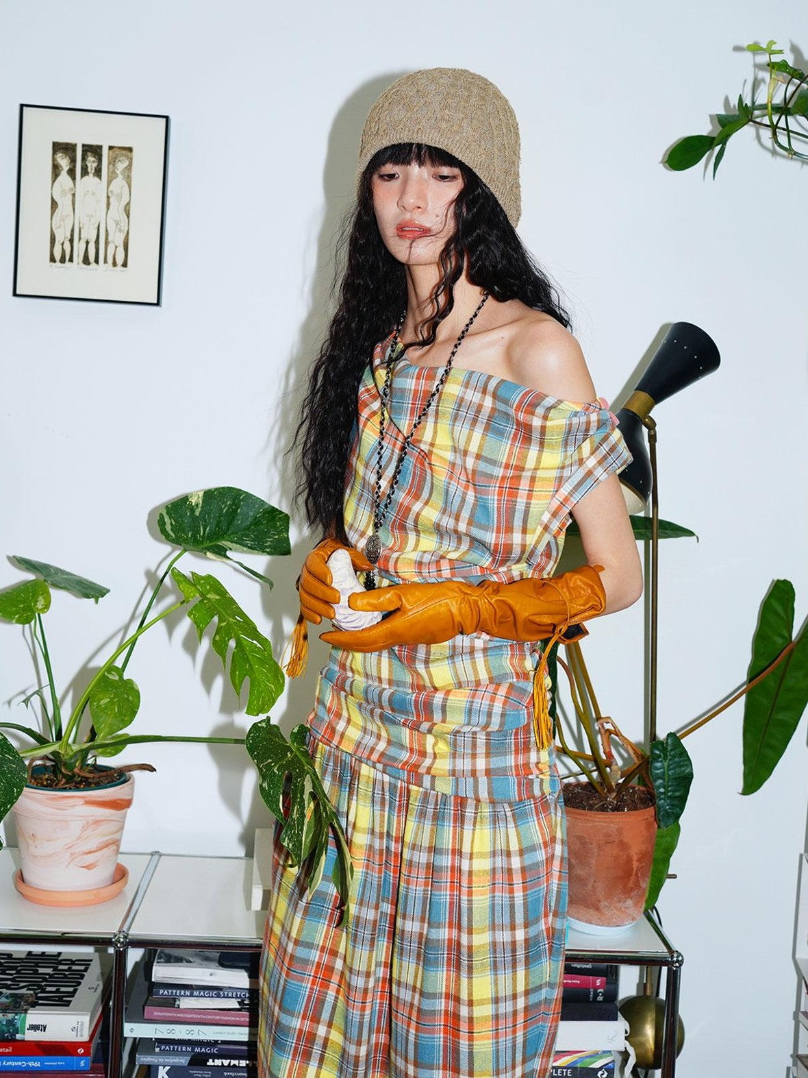 badtaste Yellow Vintage Plaid Drape Collar Pleated Structured Women's Casual Maxi Dresses