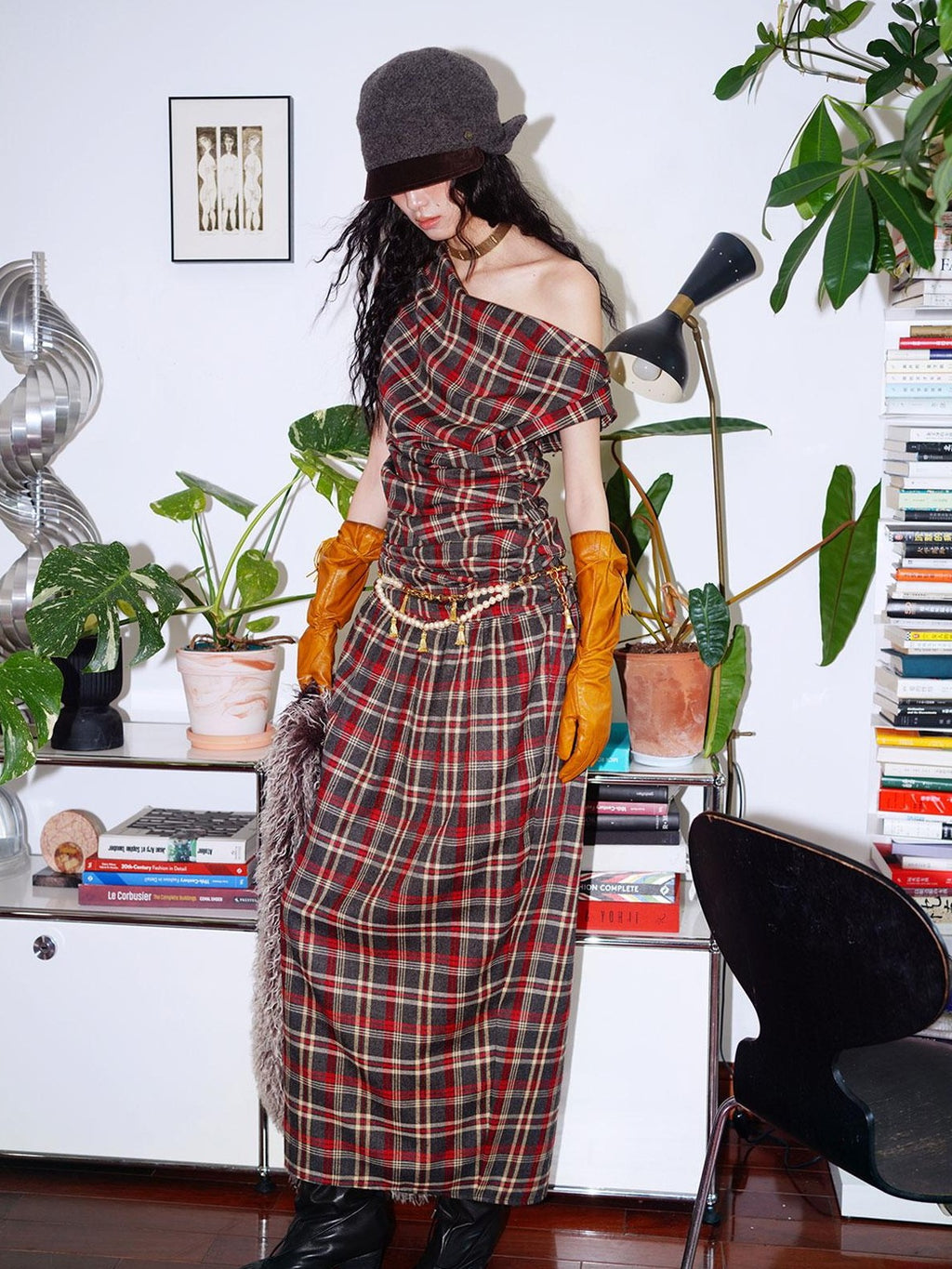 badtaste Yellow Vintage Plaid Drape Collar Pleated Structured Women's Casual Maxi Dresses
