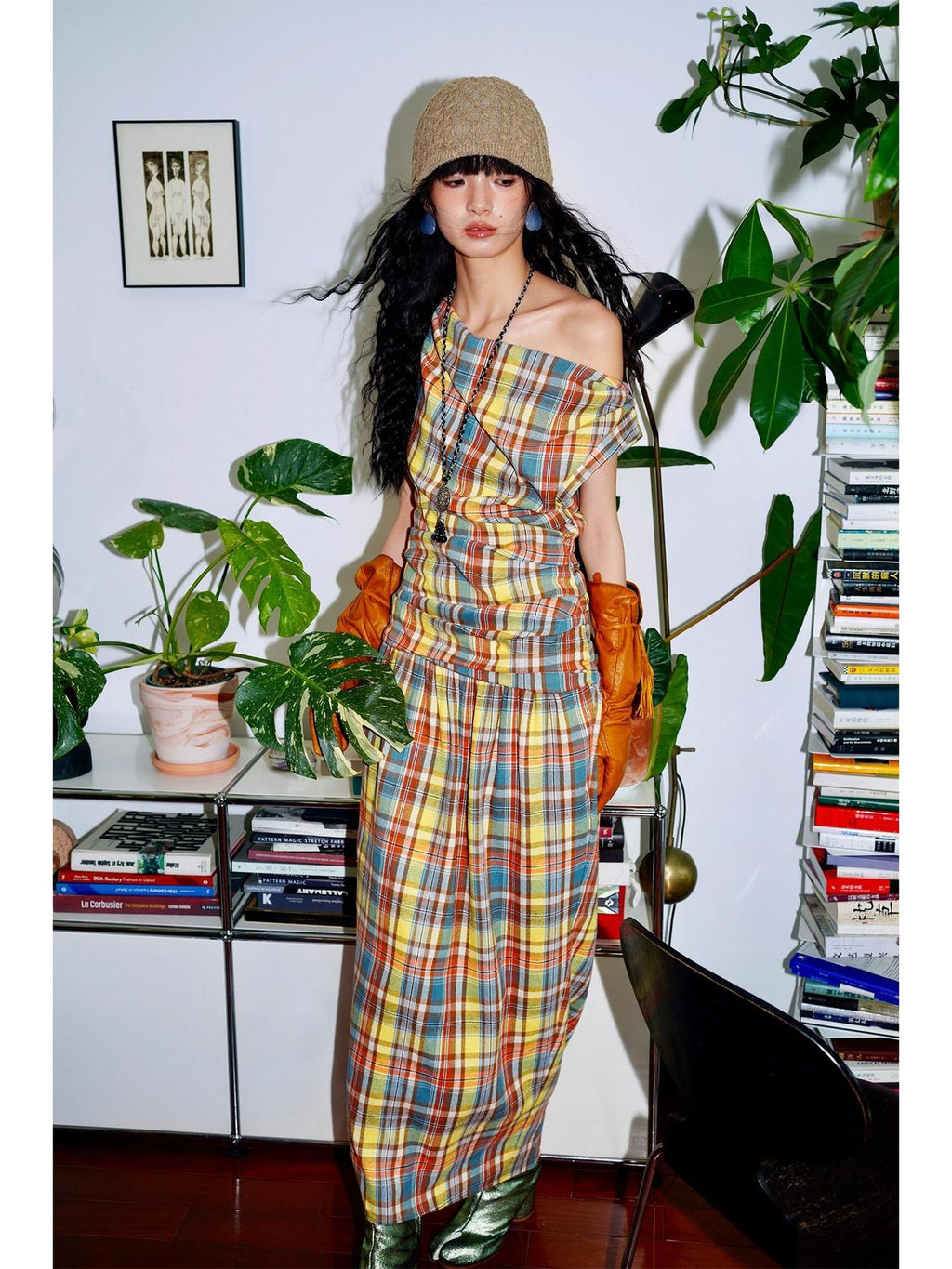 badtaste Yellow Vintage Plaid Drape Collar Pleated Structured Women's Casual Maxi Dresses