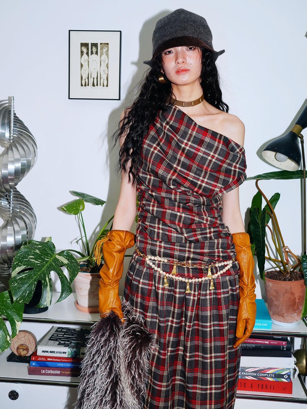 badtaste Yellow Vintage Plaid Drape Collar Pleated Structured Women's Casual Maxi Dresses