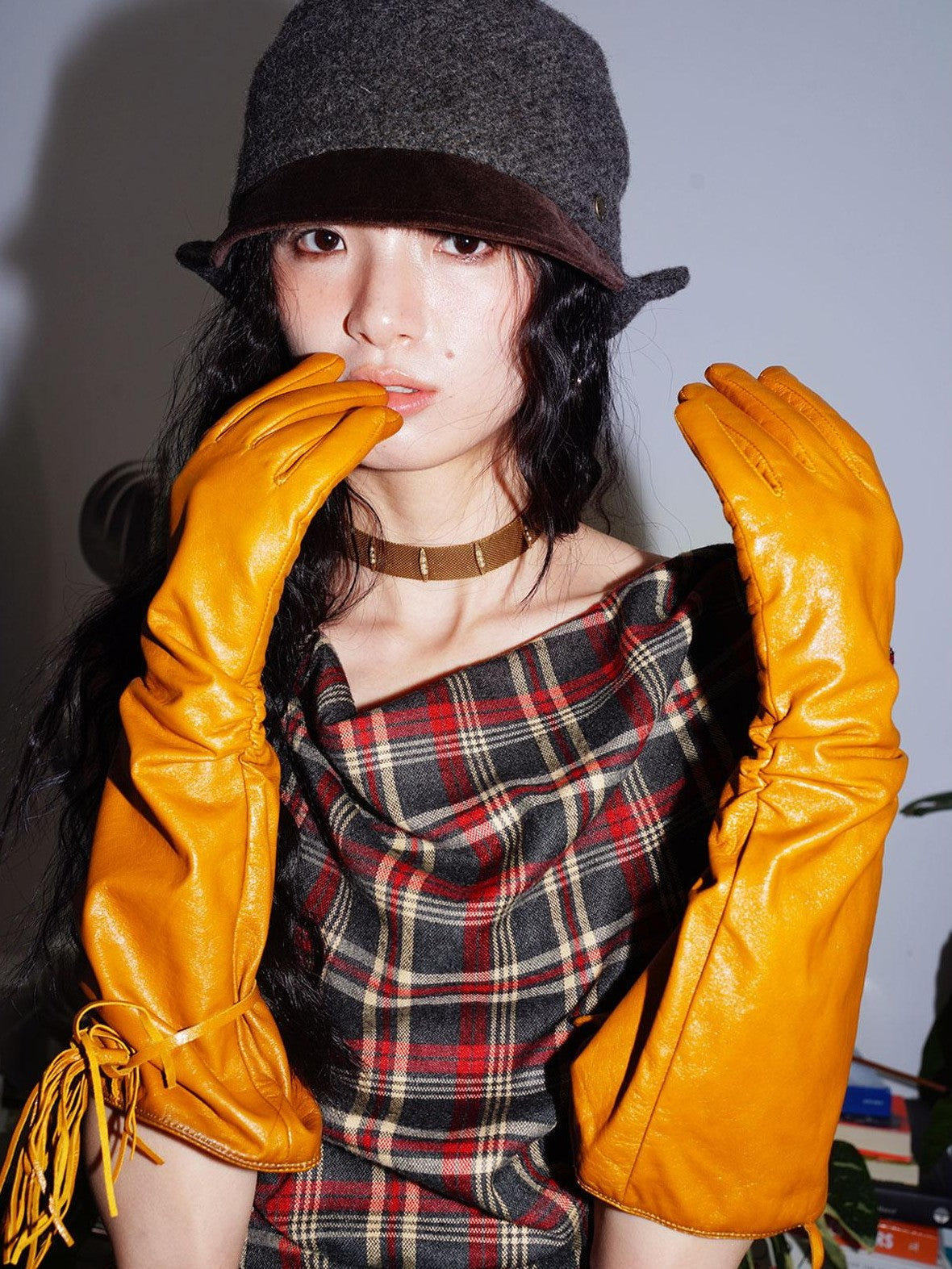 badtaste Yellow Vintage Plaid Drape Collar Pleated Structured Women's Casual Maxi Dresses