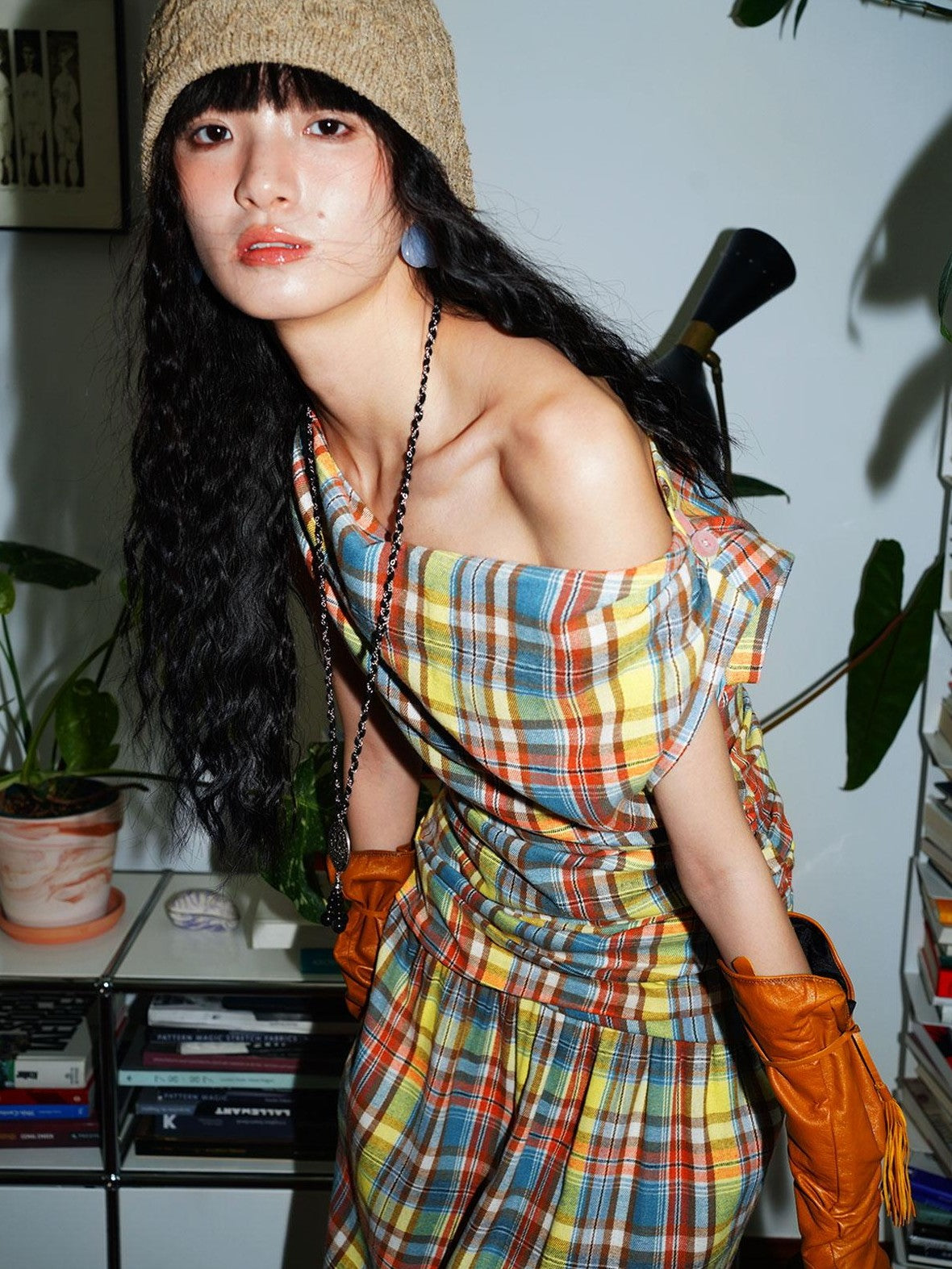 badtaste Yellow Vintage Plaid Drape Collar Pleated Structured Women's Casual Maxi Dresses