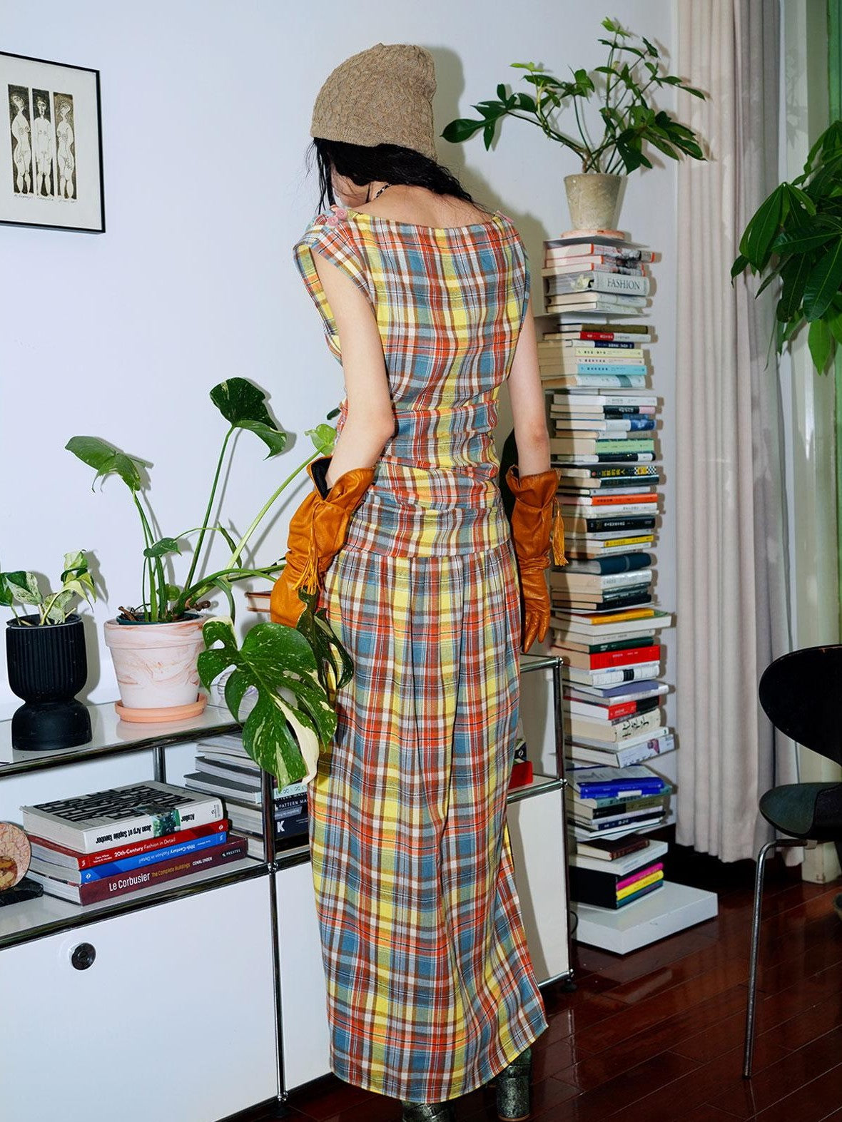 badtaste Yellow Vintage Plaid Drape Collar Pleated Structured Women's Casual Maxi Dresses