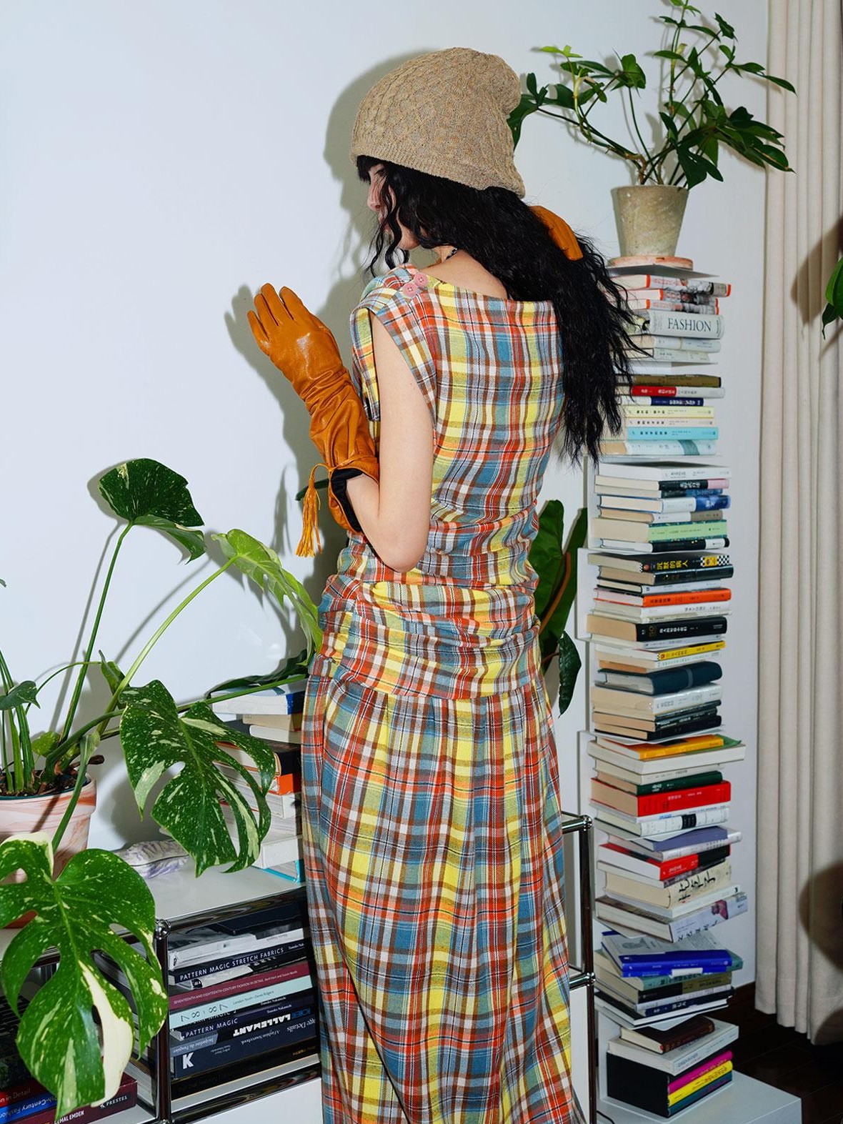 badtaste Yellow Vintage Plaid Drape Collar Pleated Structured Women's Casual Maxi Dresses