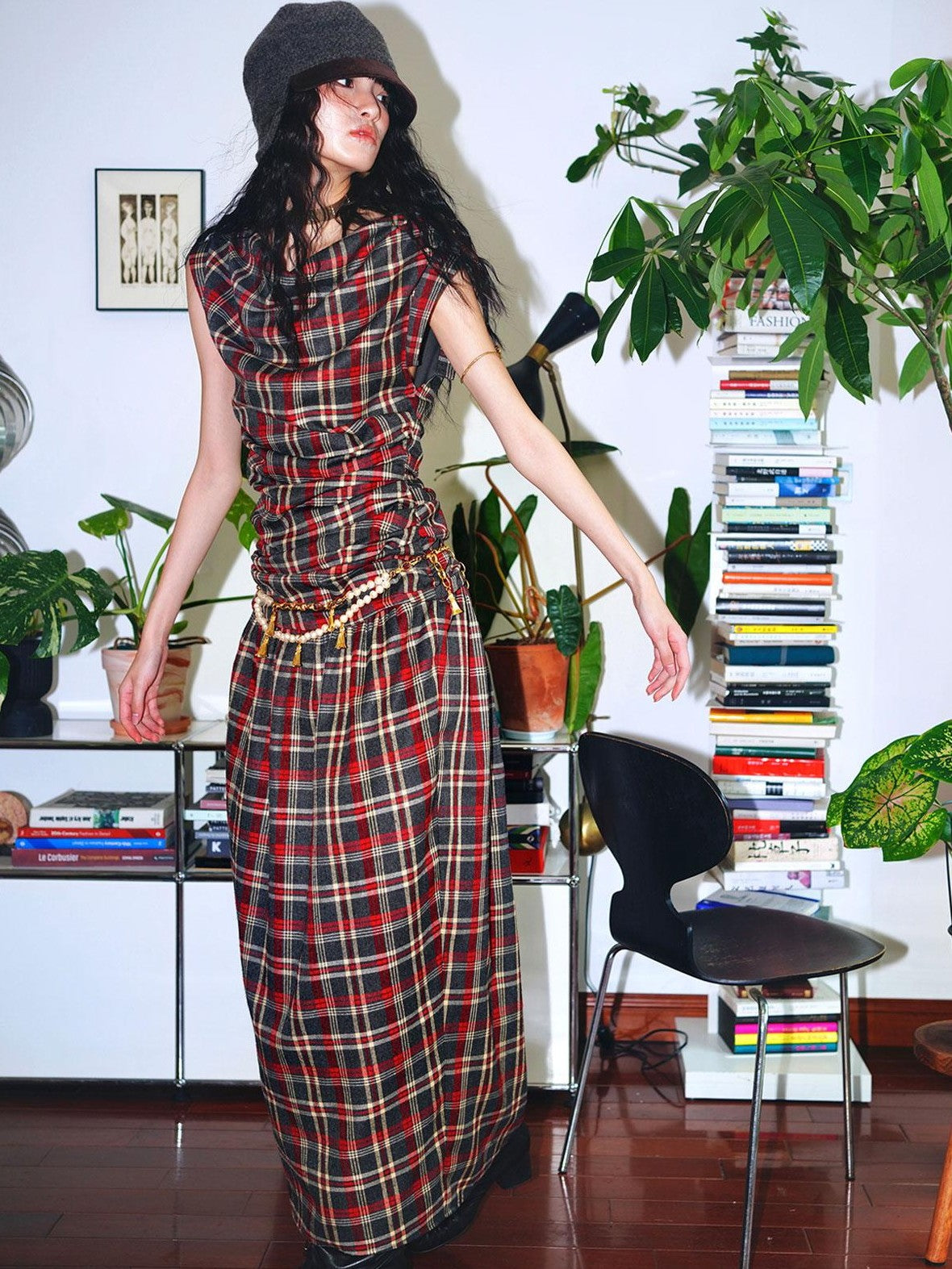 badtaste Yellow Vintage Plaid Drape Collar Pleated Structured Women's Casual Maxi Dresses