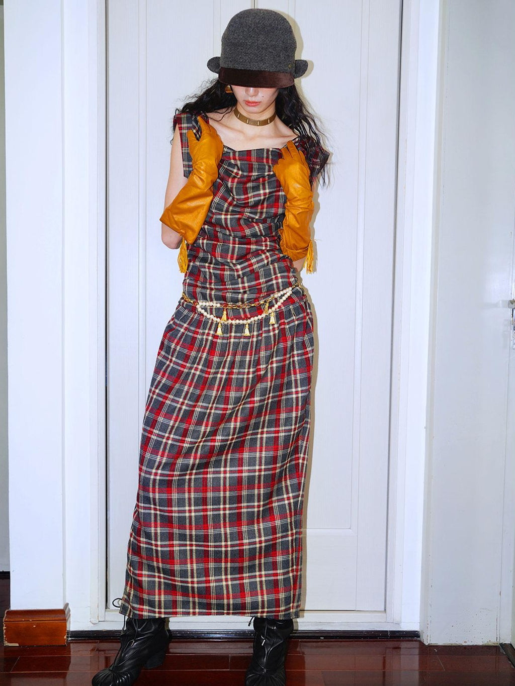 badtaste Yellow Vintage Plaid Drape Collar Pleated Structured Women's Casual Maxi Dresses