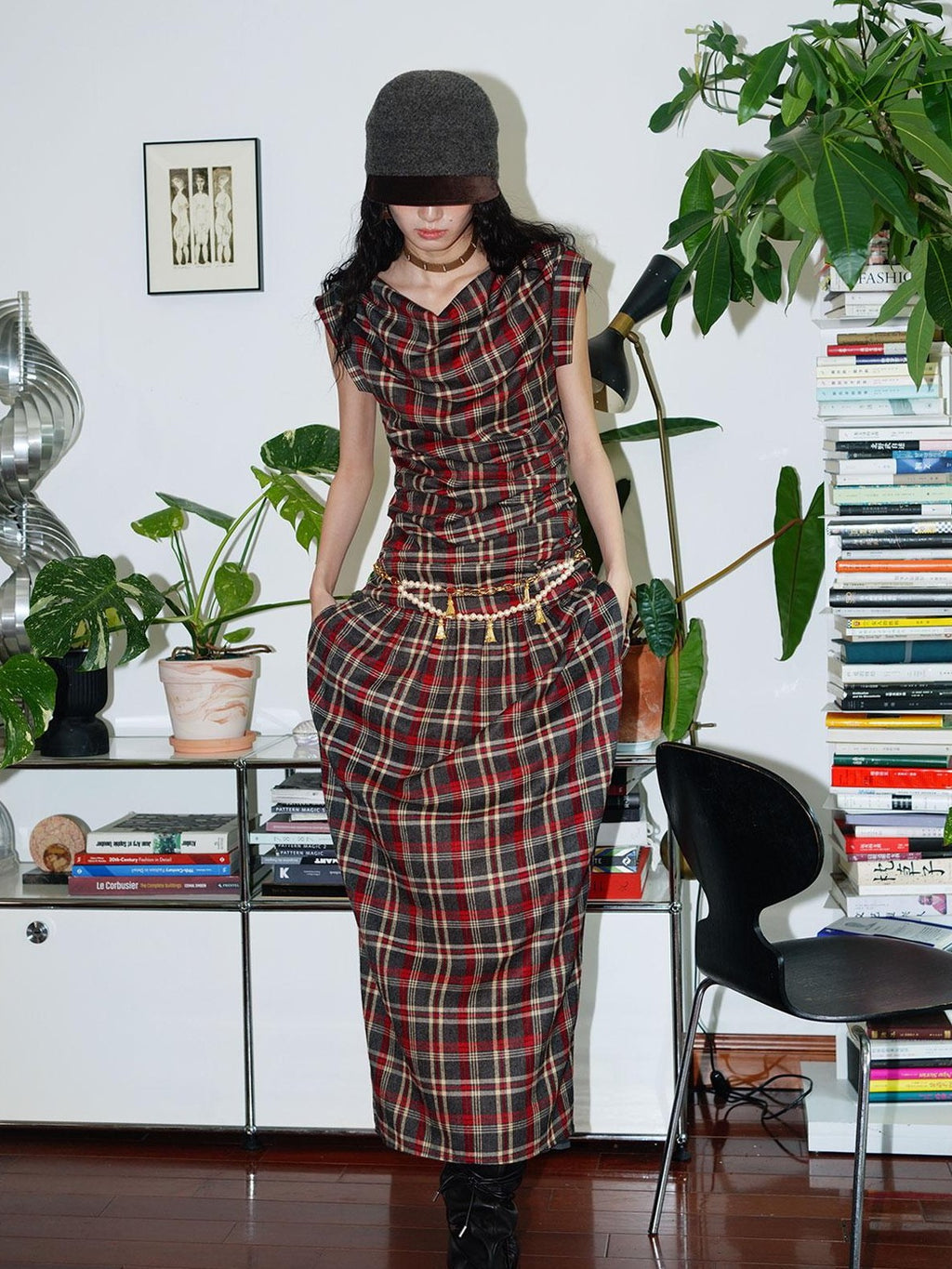 badtaste Yellow Vintage Plaid Drape Collar Pleated Structured Women's Casual Maxi Dresses