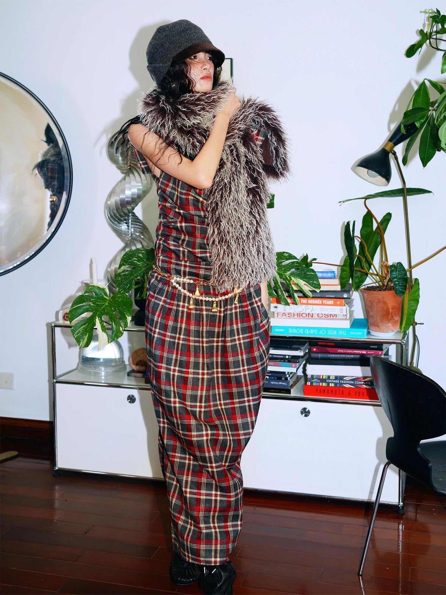 badtaste Yellow Vintage Plaid Drape Collar Pleated Structured Women's Casual Maxi Dresses