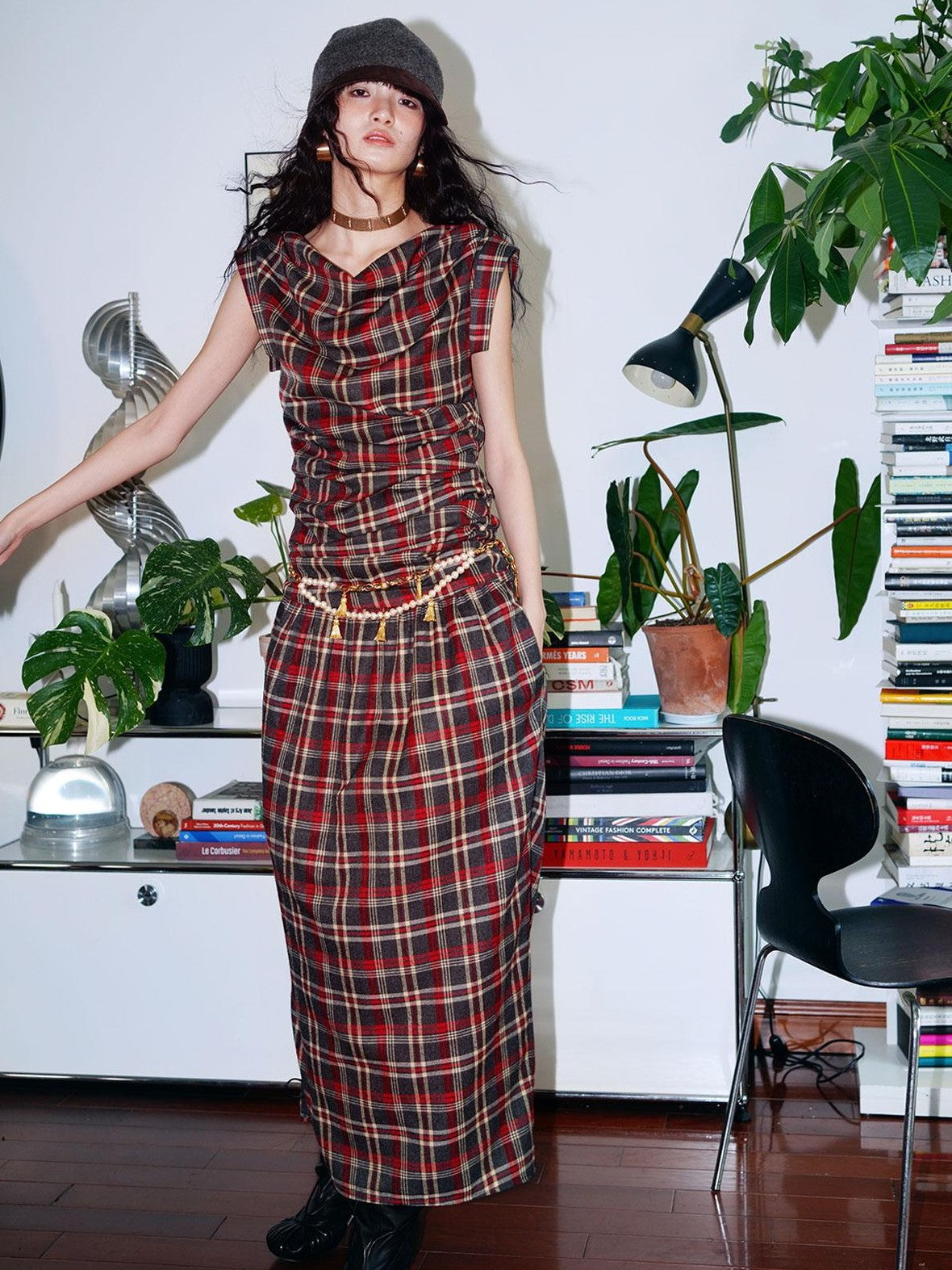 badtaste Yellow Vintage Plaid Drape Collar Pleated Structured Women's Casual Maxi Dresses