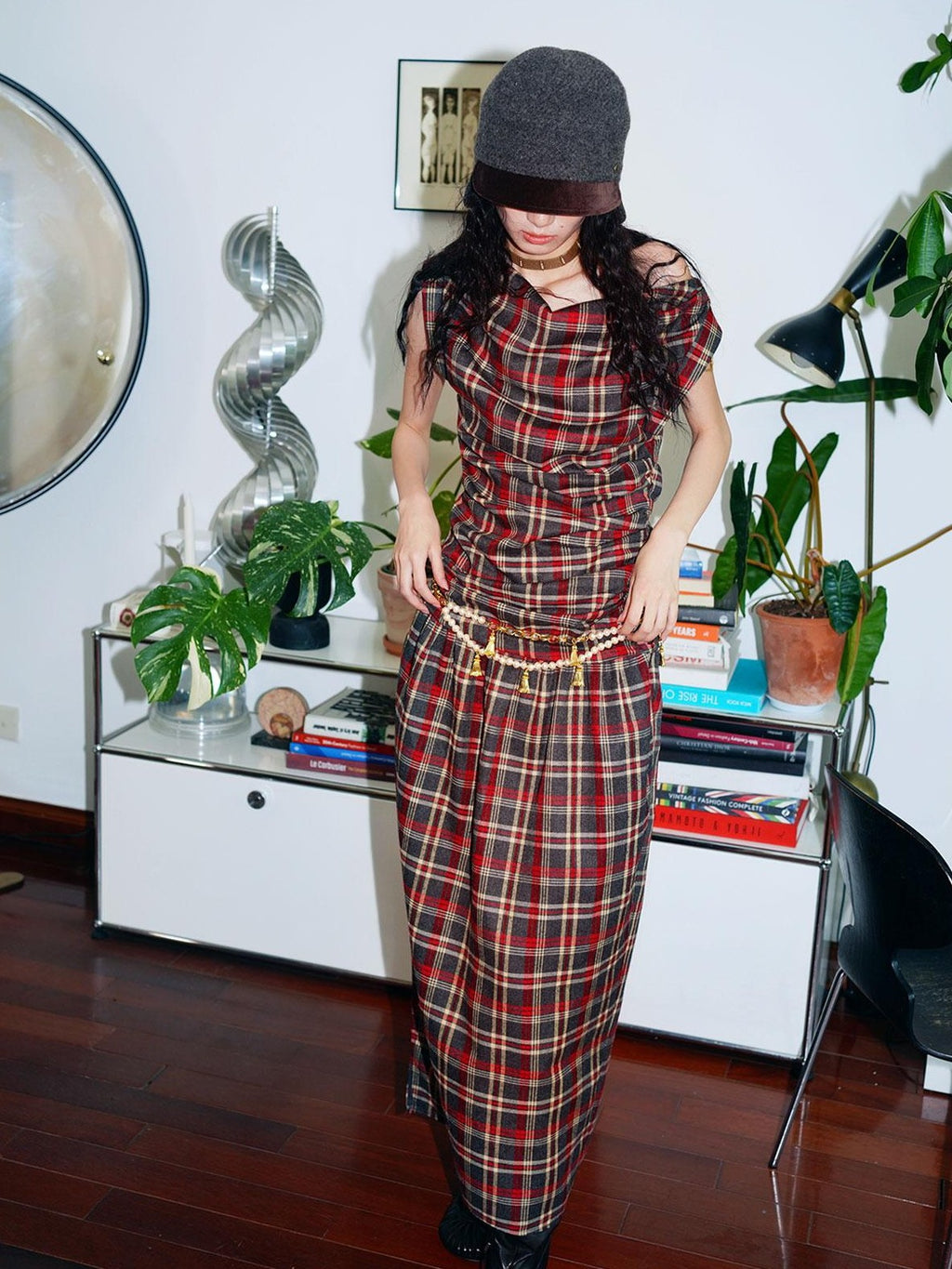 badtaste Yellow Vintage Plaid Drape Collar Pleated Structured Women's Casual Maxi Dresses
