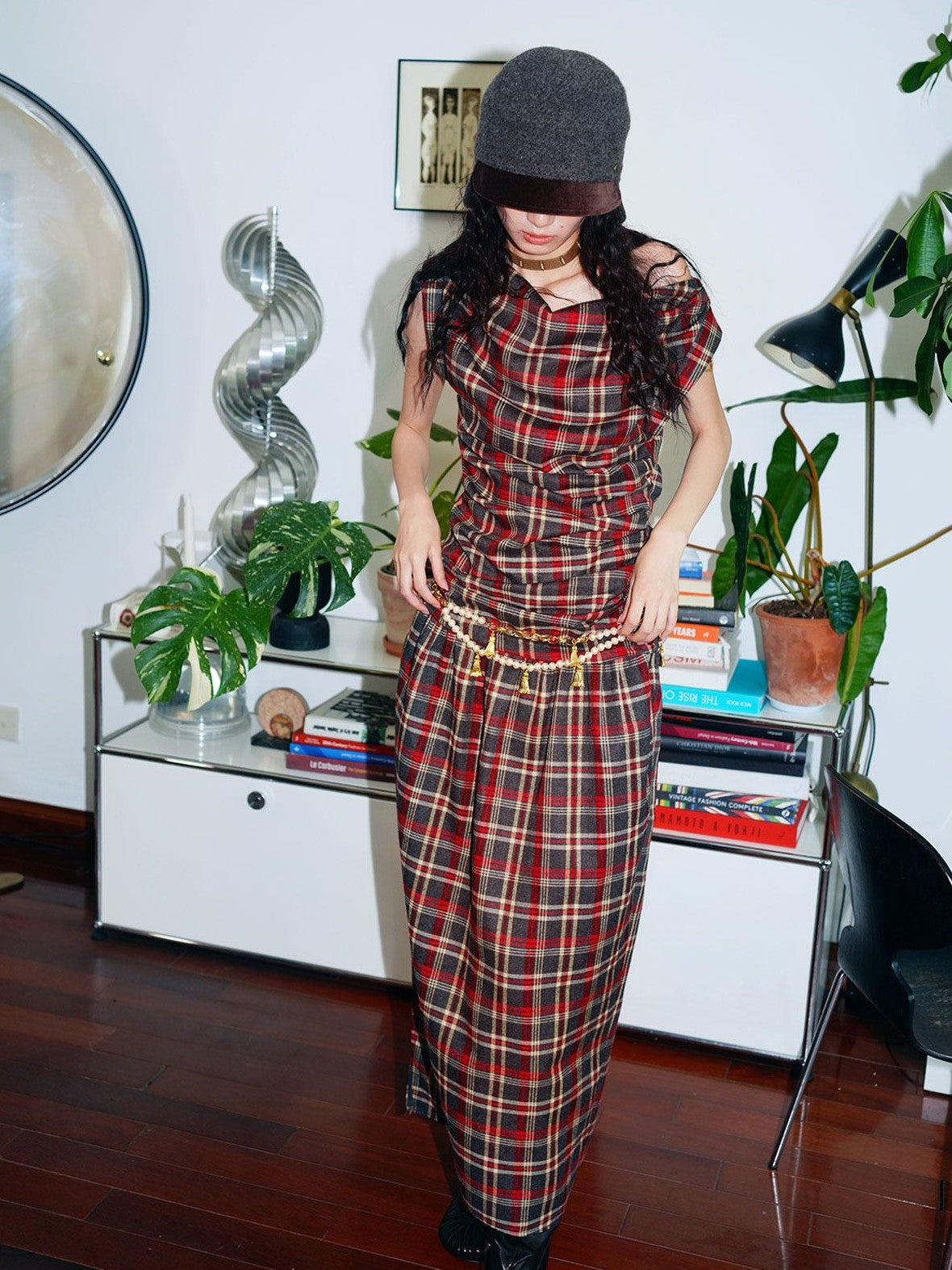 badtaste Yellow Vintage Plaid Drape Collar Pleated Structured Women's Casual Maxi Dresses