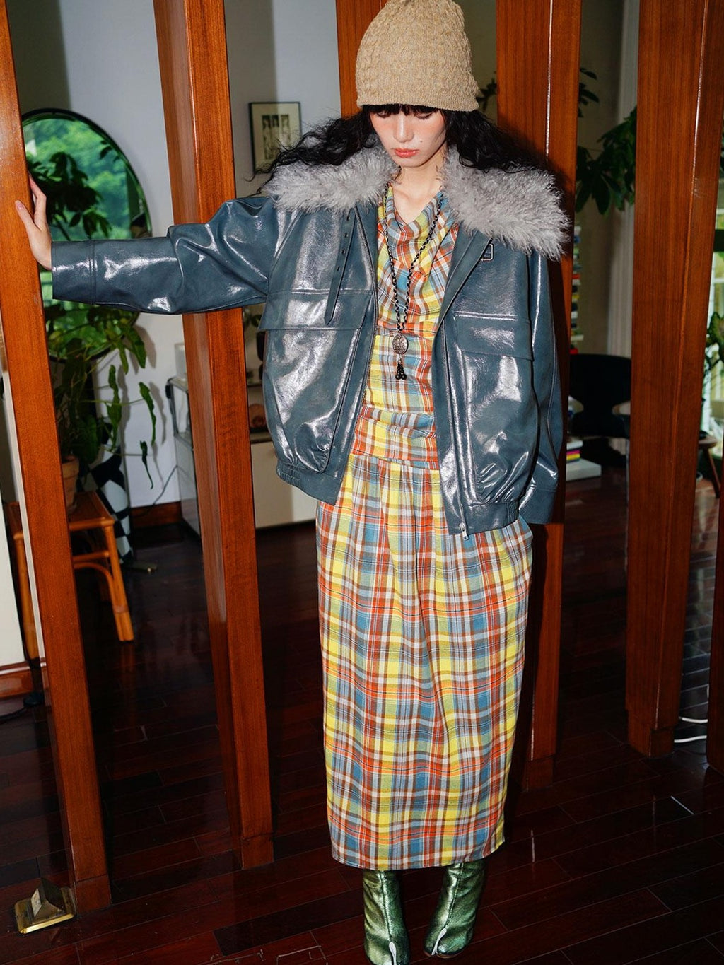badtaste Yellow Vintage Plaid Drape Collar Pleated Structured Women's Casual Maxi Dresses