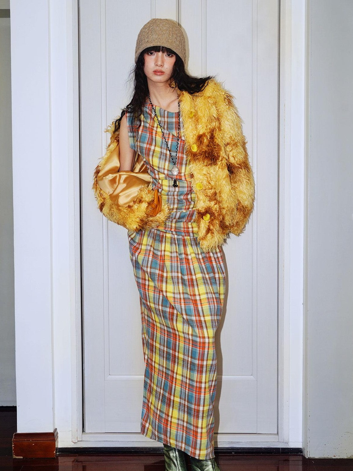 badtaste Yellow Vintage Plaid Drape Collar Pleated Structured Women's Casual Maxi Dresses