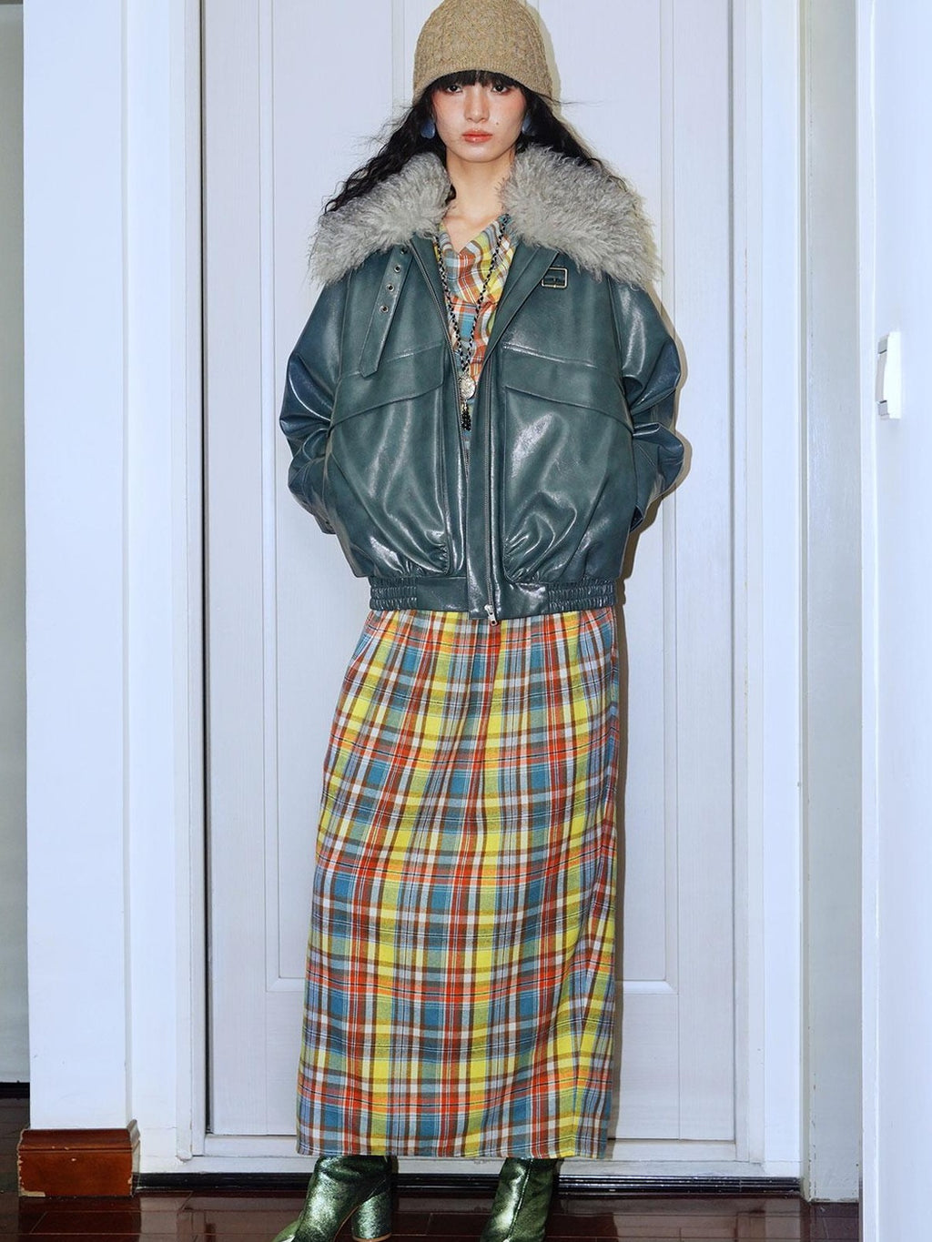 badtaste Yellow Vintage Plaid Drape Collar Pleated Structured Women's Casual Maxi Dresses