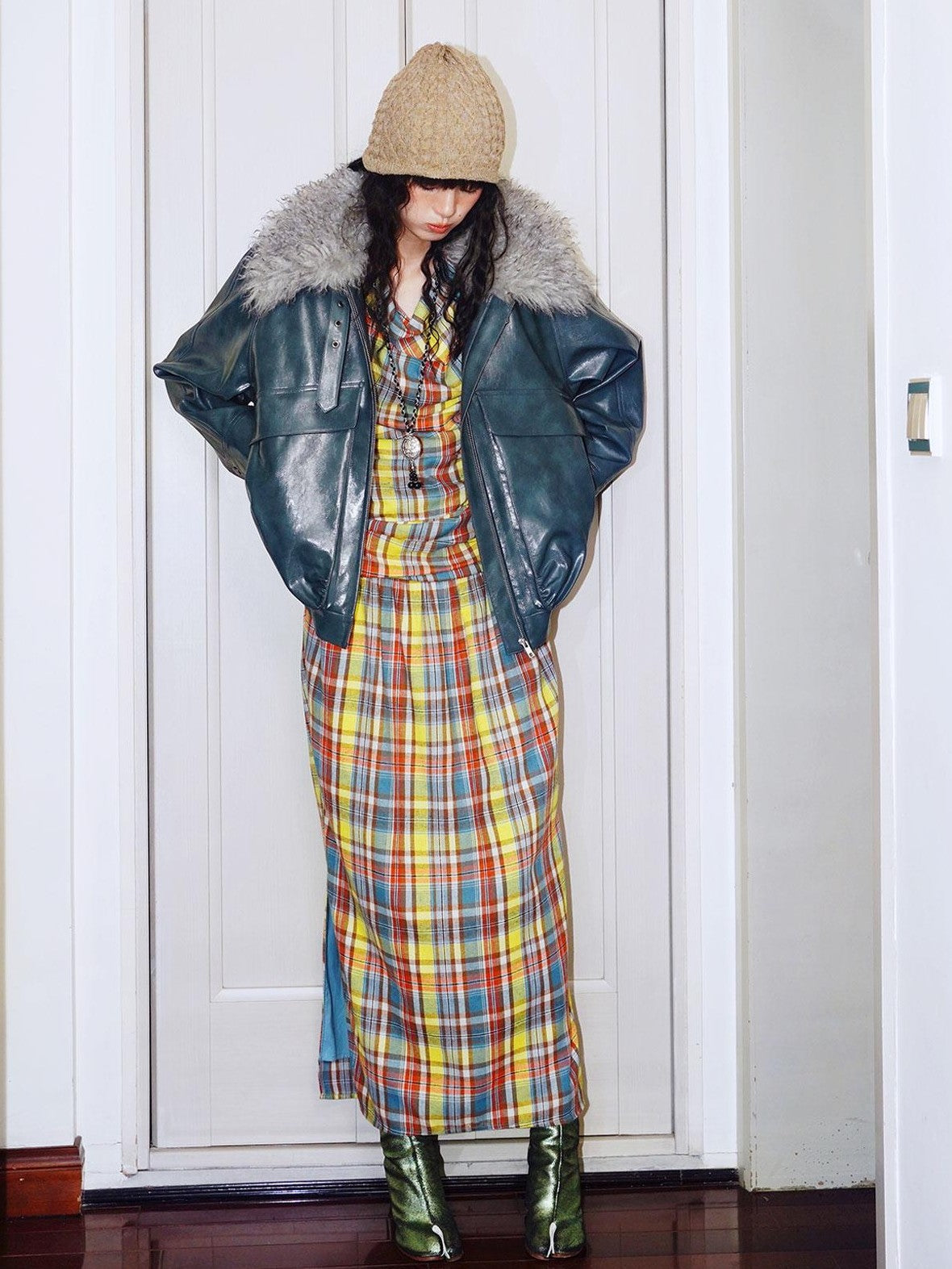 badtaste Yellow Vintage Plaid Drape Collar Pleated Structured Women's Casual Maxi Dresses