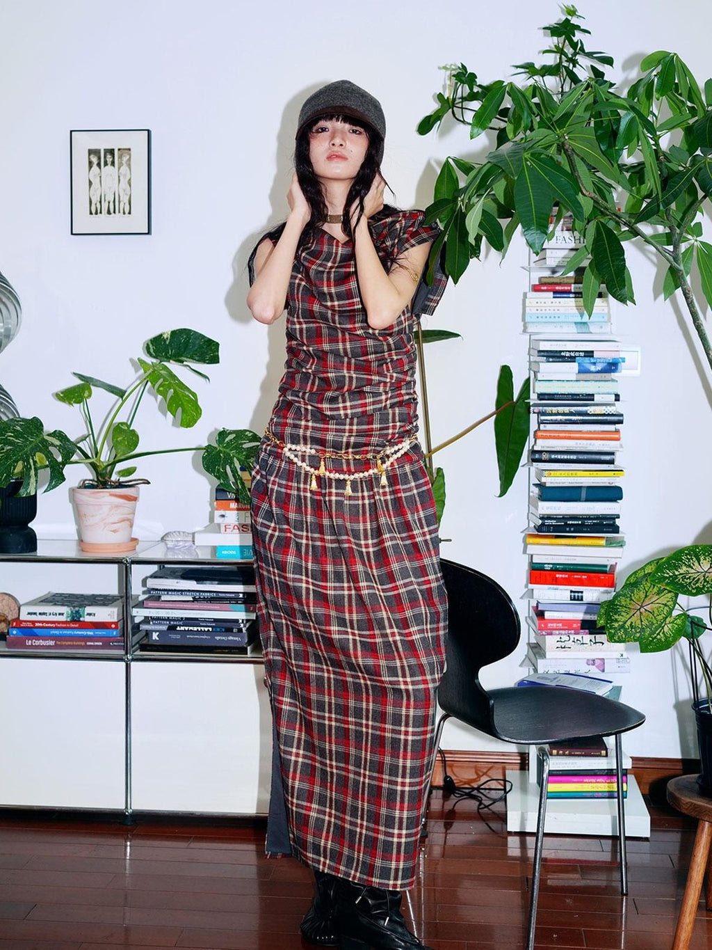 badtaste Yellow Vintage Plaid Drape Collar Pleated Structured Women's Casual Maxi Dresses