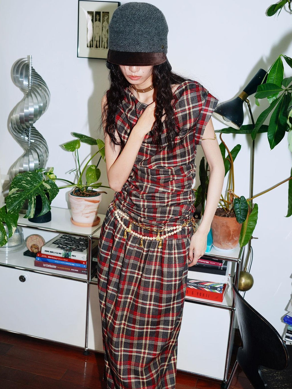 badtaste Yellow Vintage Plaid Drape Collar Pleated Structured Women's Casual Maxi Dresses