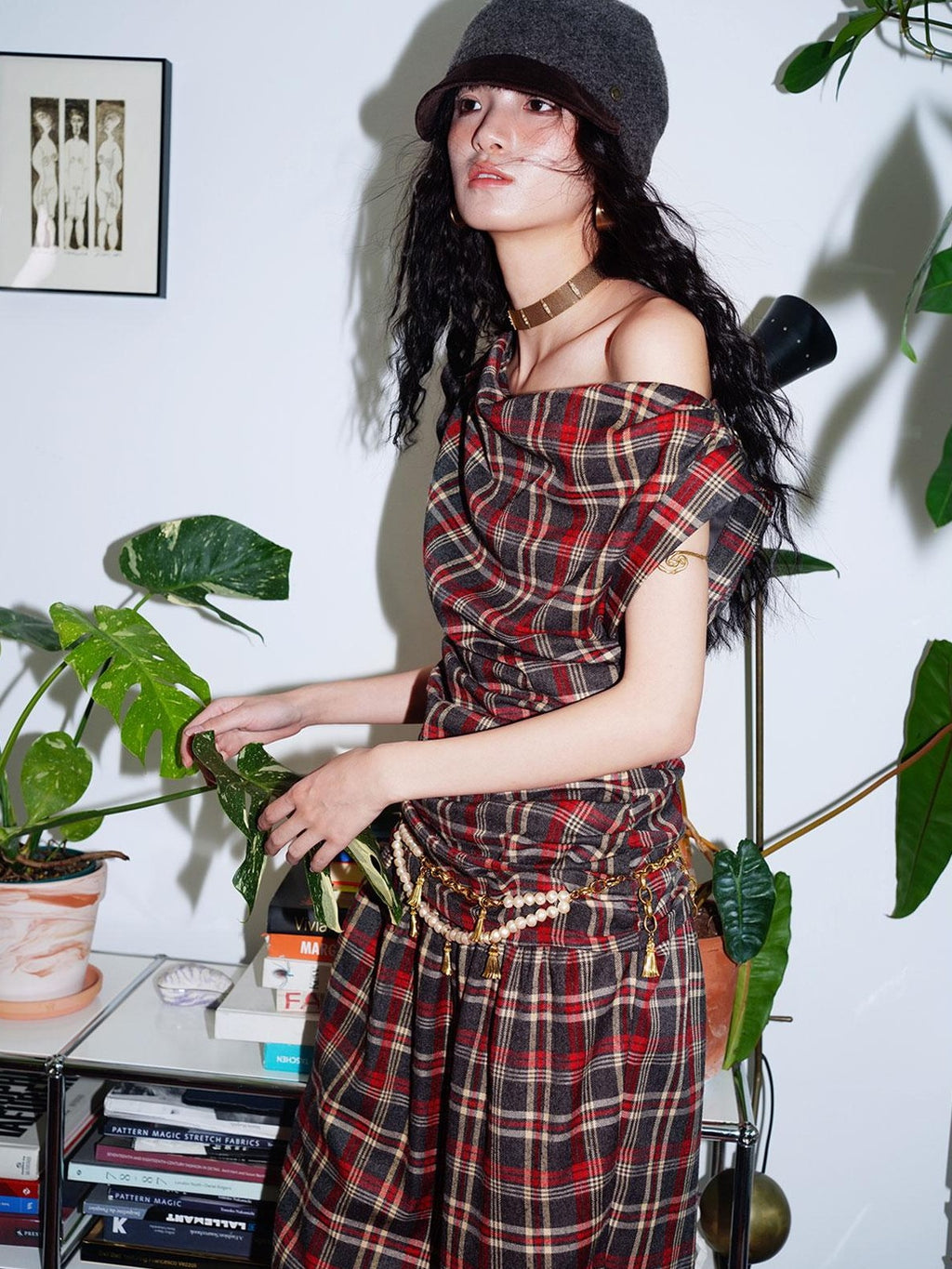 badtaste Yellow Vintage Plaid Drape Collar Pleated Structured Women's Casual Maxi Dresses