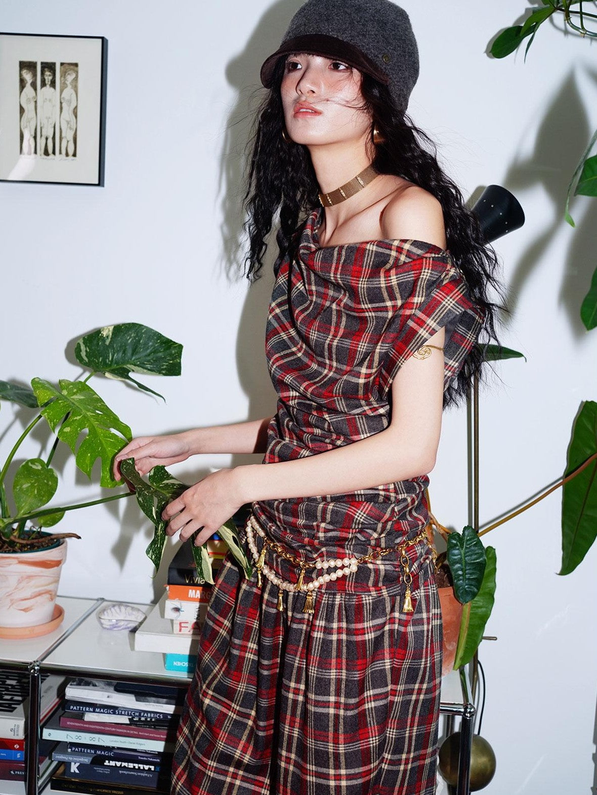 badtaste Yellow Vintage Plaid Drape Collar Pleated Structured Women's Casual Maxi Dresses