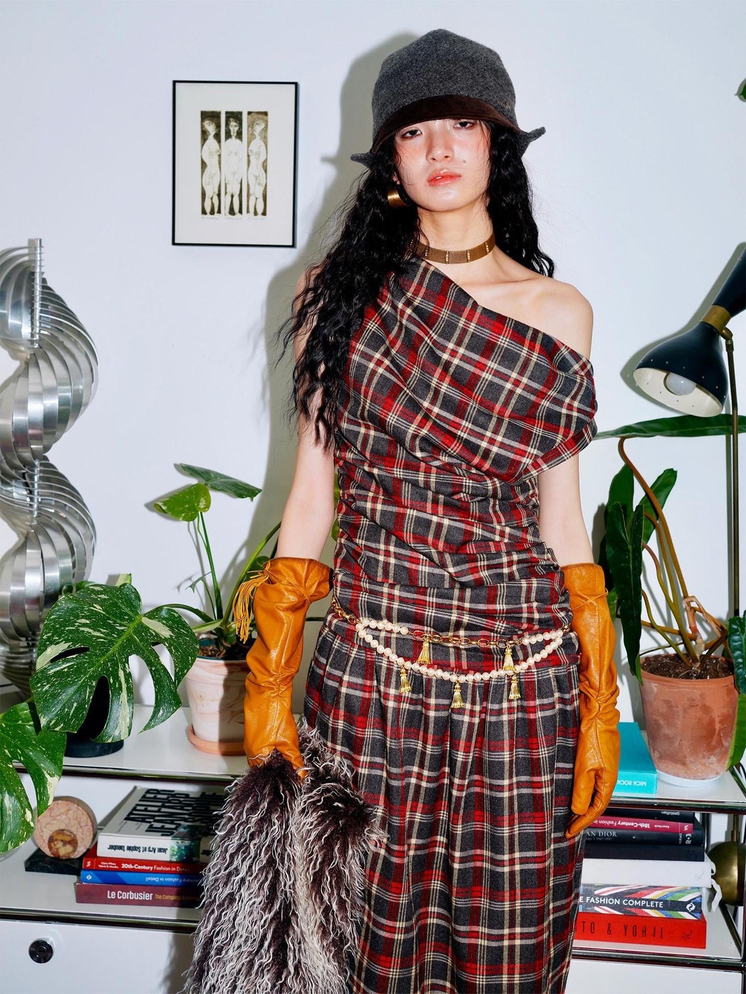 badtaste Yellow Vintage Plaid Drape Collar Pleated Structured Women's Casual Maxi Dresses