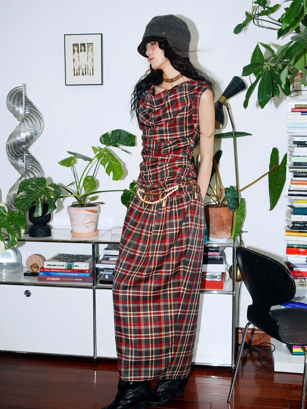 badtaste Yellow Vintage Plaid Drape Collar Pleated Structured Women's Casual Maxi Dresses