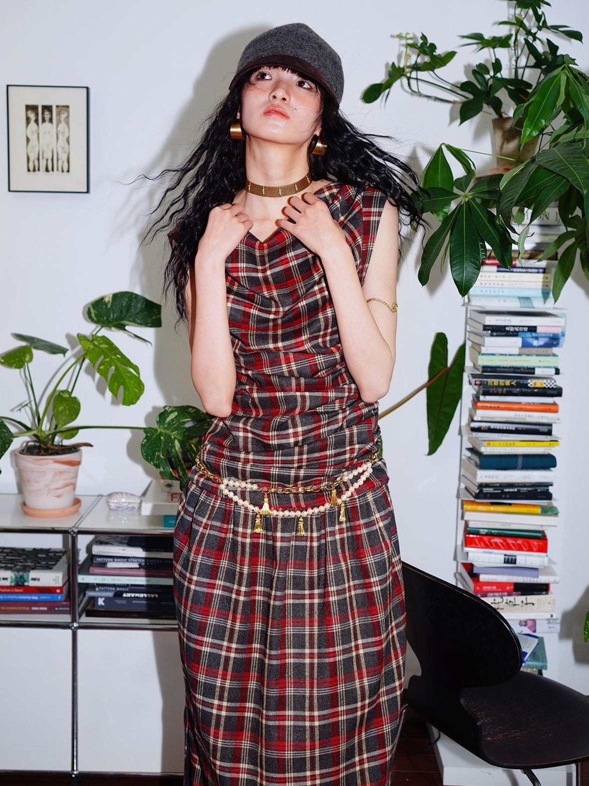 badtaste Yellow Vintage Plaid Drape Collar Pleated Structured Women's Casual Maxi Dresses