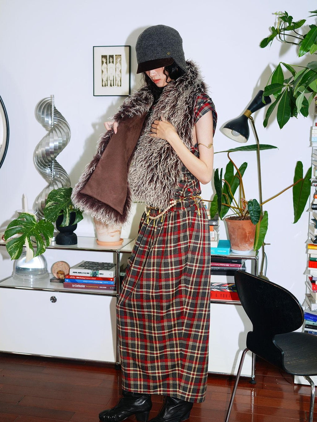badtaste Yellow Vintage Plaid Drape Collar Pleated Structured Women's Casual Maxi Dresses