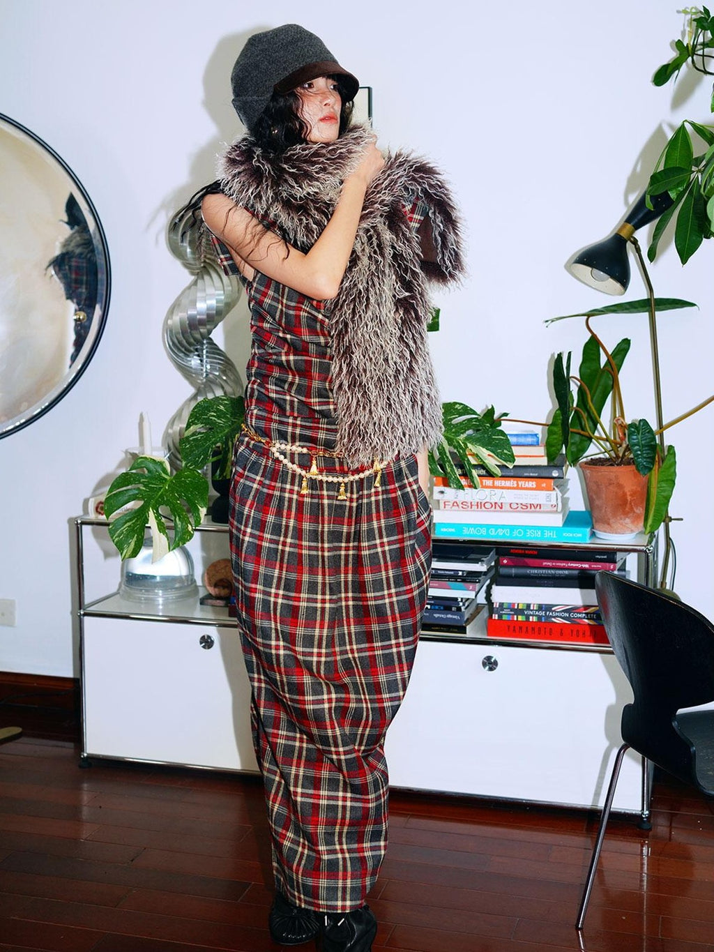 badtaste Yellow Vintage Plaid Drape Collar Pleated Structured Women's Casual Maxi Dresses