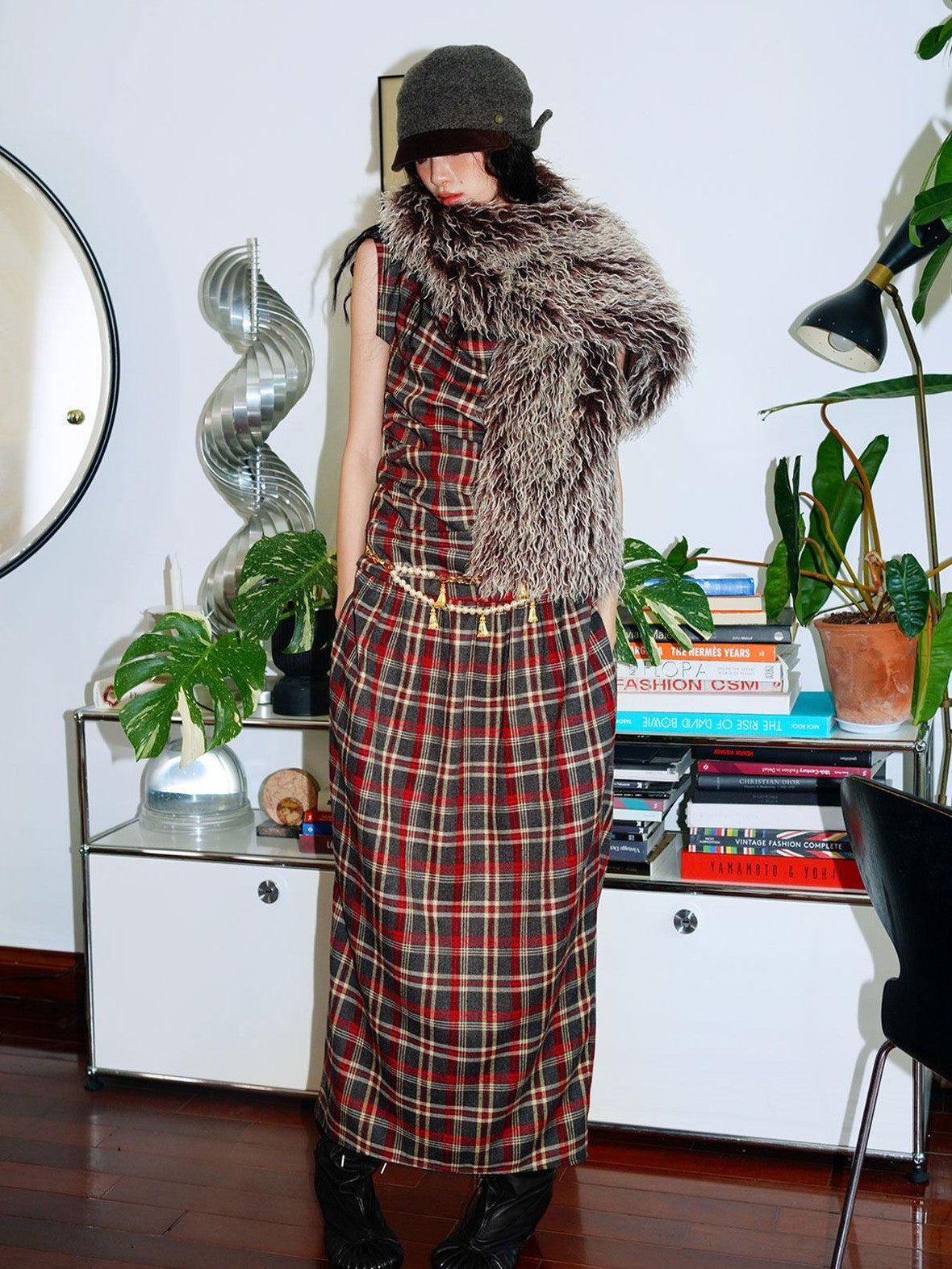 badtaste Yellow Vintage Plaid Drape Collar Pleated Structured Women's Casual Maxi Dresses