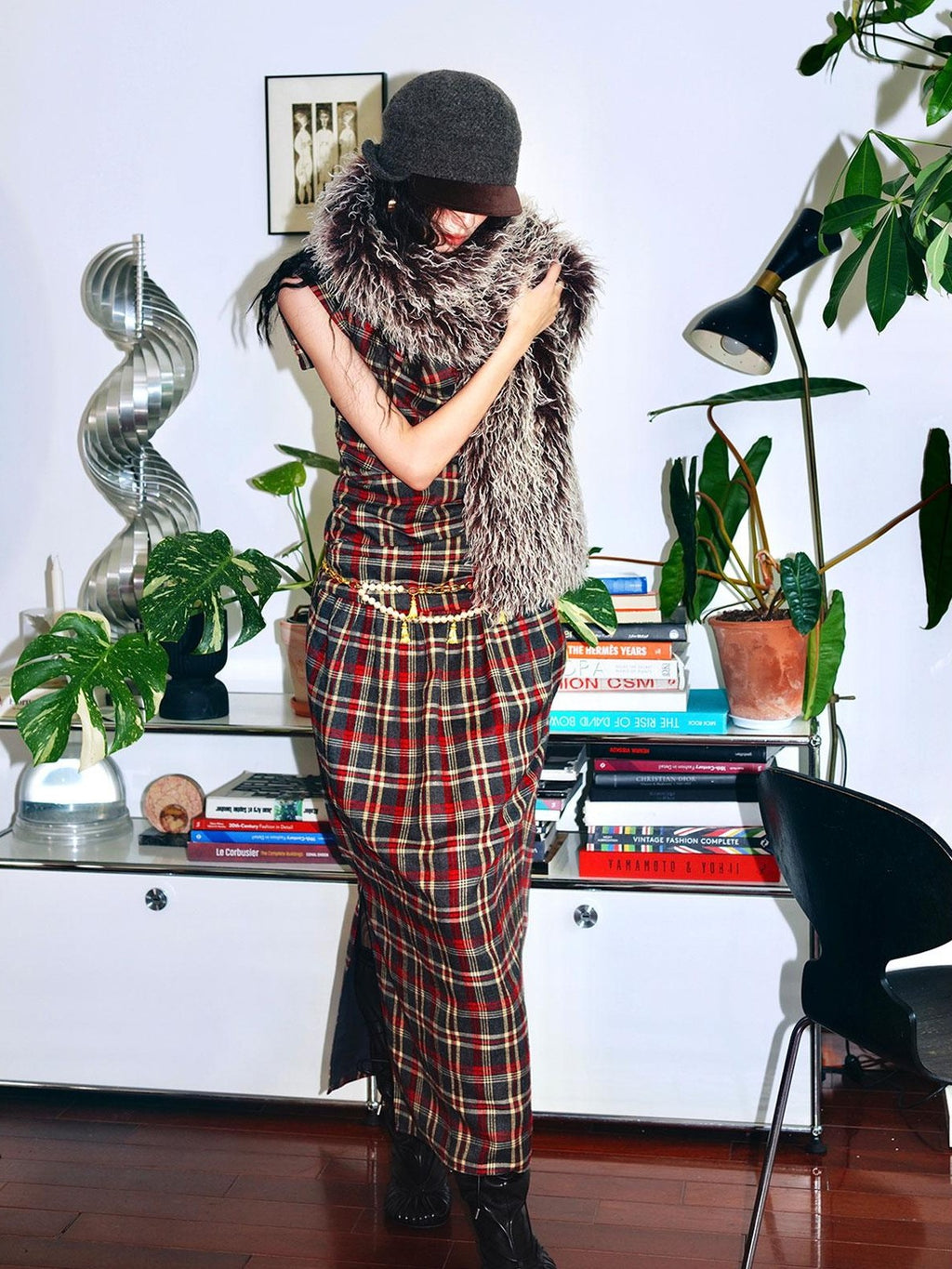 badtaste Yellow Vintage Plaid Drape Collar Pleated Structured Women's Casual Maxi Dresses