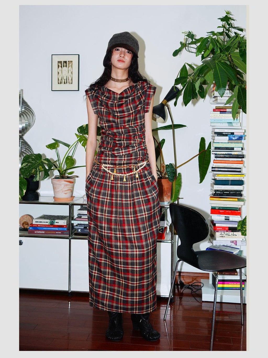 badtaste Yellow Vintage Plaid Drape Collar Pleated Structured Women's Casual Maxi Dresses