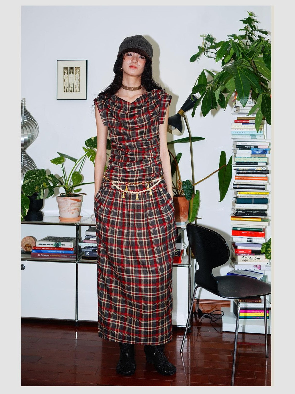badtaste Yellow Vintage Plaid Drape Collar Pleated Structured Women's Casual Maxi Dresses