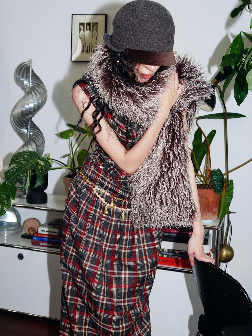 badtaste Yellow Vintage Plaid Drape Collar Pleated Structured Women's Casual Maxi Dresses