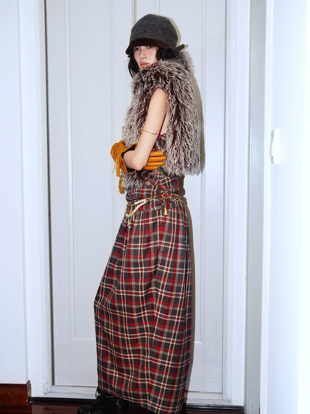 badtaste Yellow Vintage Plaid Drape Collar Pleated Structured Women's Casual Maxi Dresses
