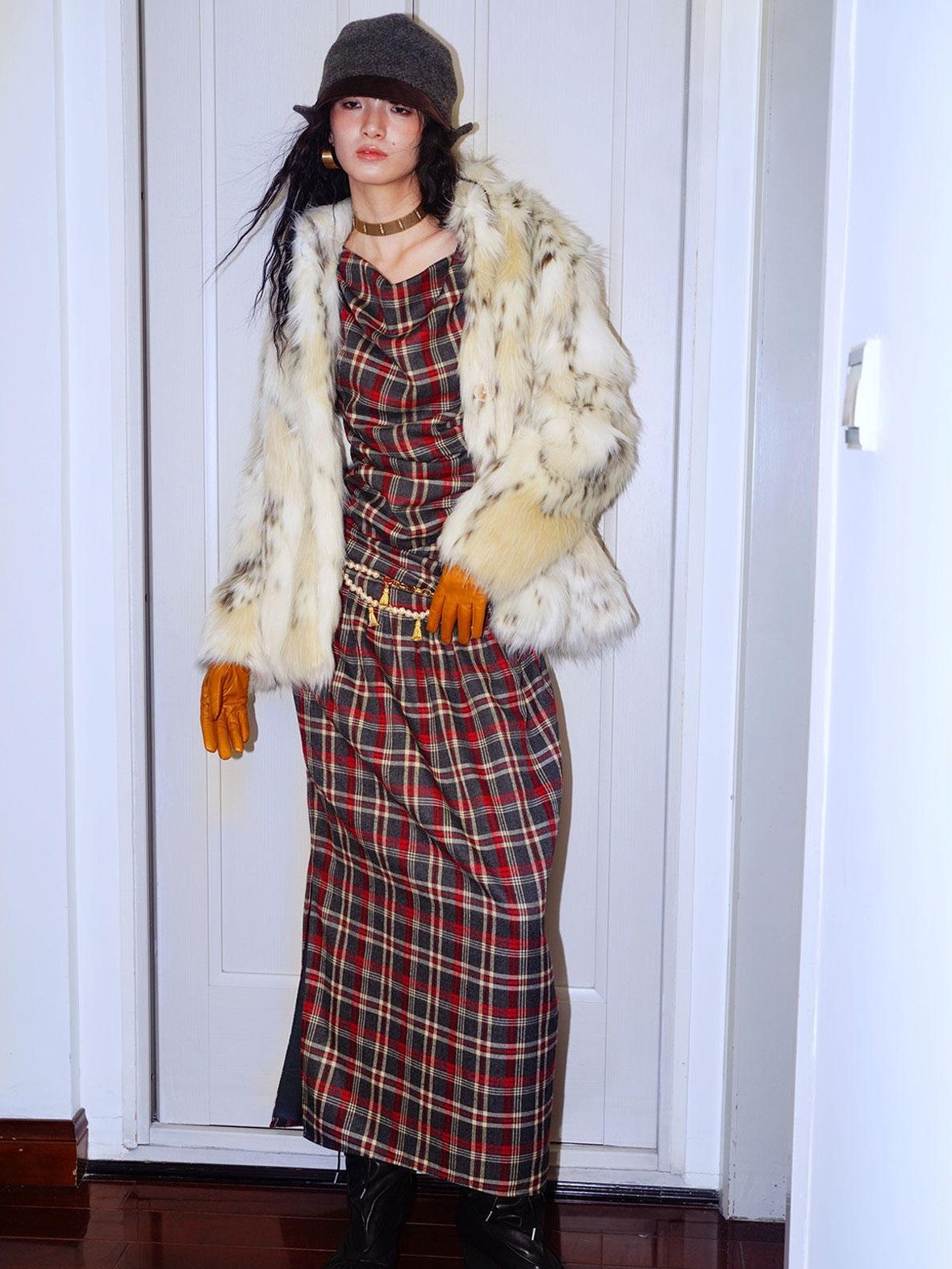 badtaste Yellow Vintage Plaid Drape Collar Pleated Structured Women's Casual Maxi Dresses