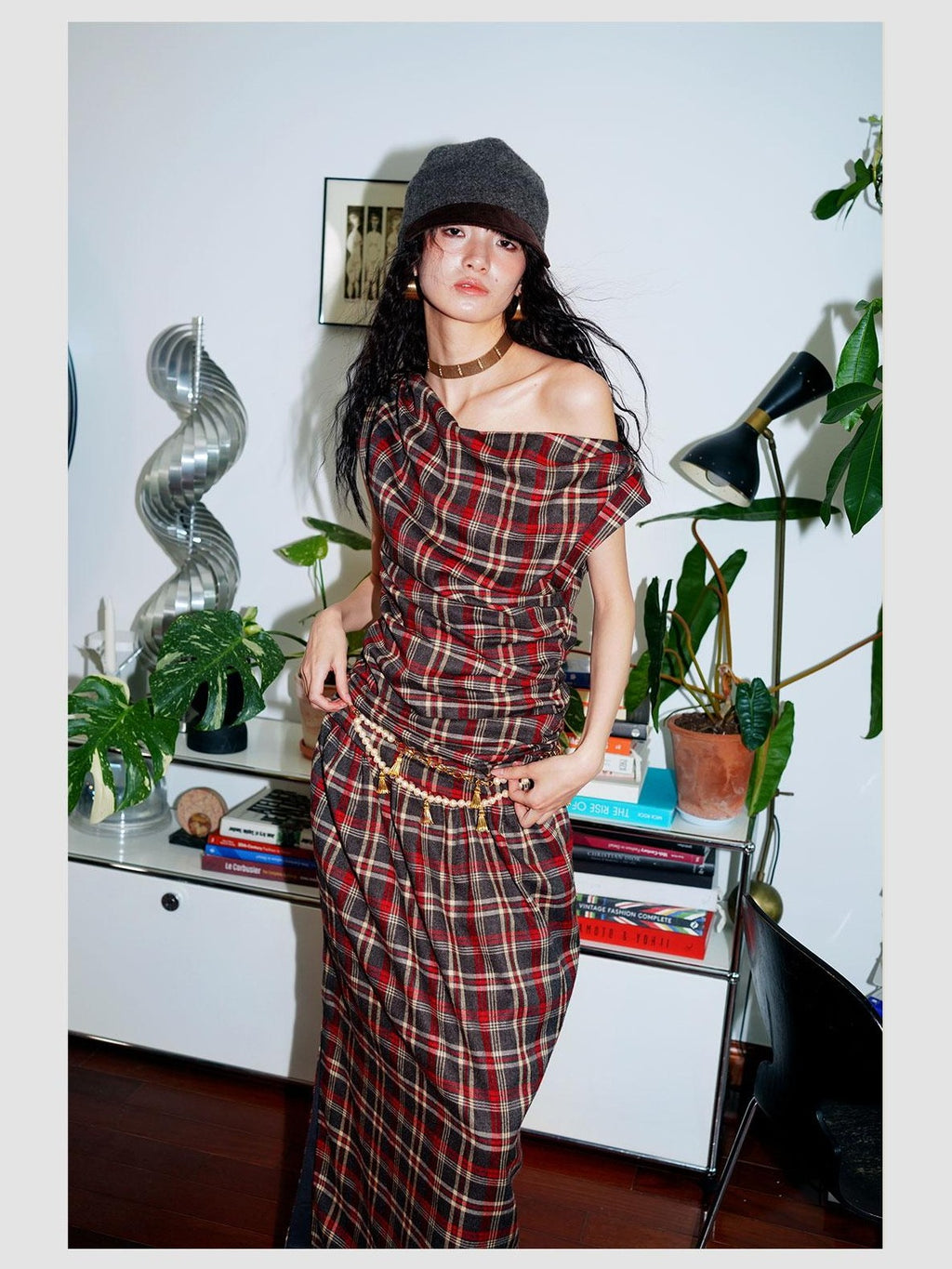 badtaste Yellow Vintage Plaid Drape Collar Pleated Structured Women's Casual Maxi Dresses