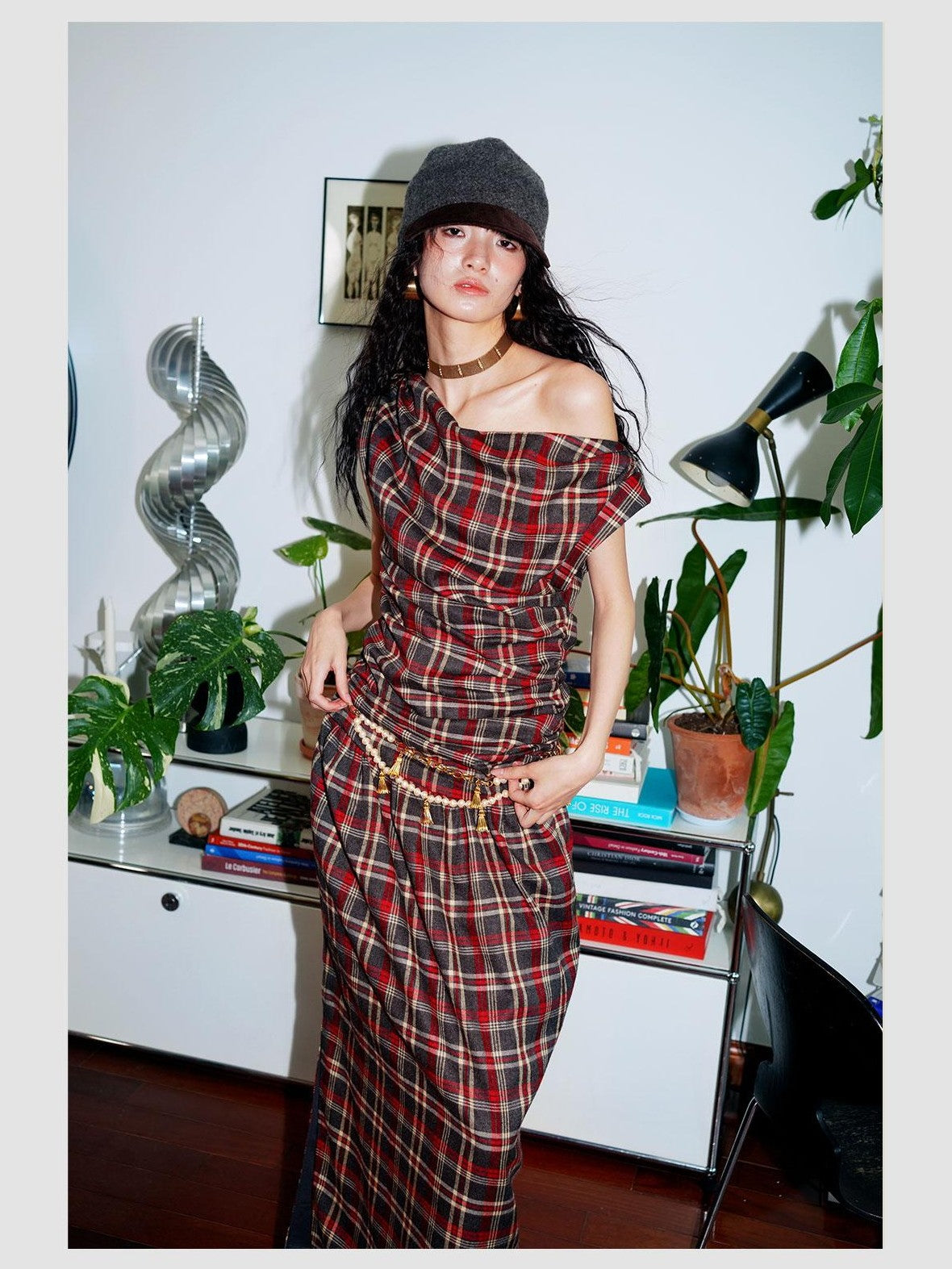 badtaste Yellow Vintage Plaid Drape Collar Pleated Structured Women's Casual Maxi Dresses