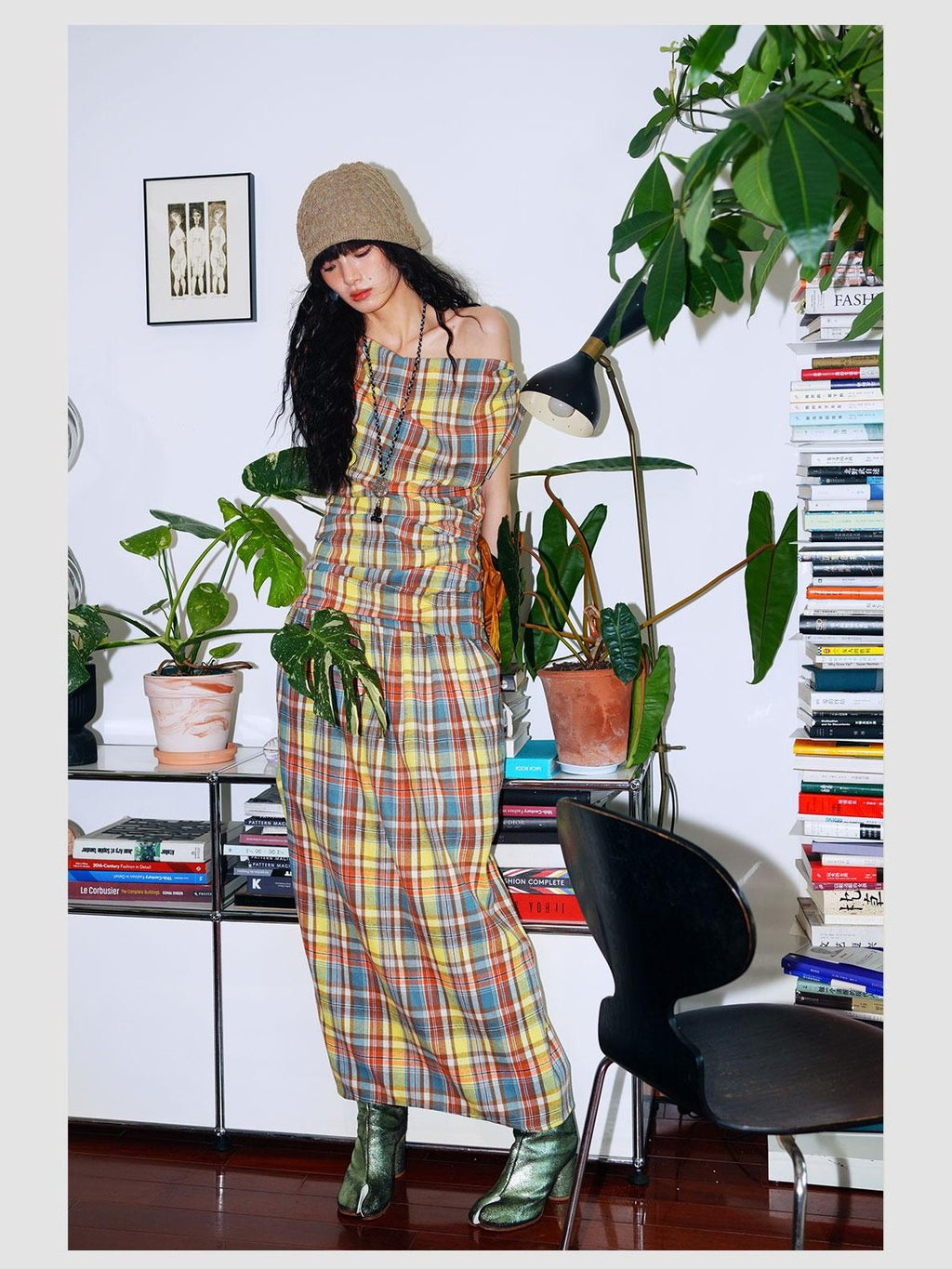 badtaste Yellow Vintage Plaid Drape Collar Pleated Structured Women's Casual Maxi Dresses