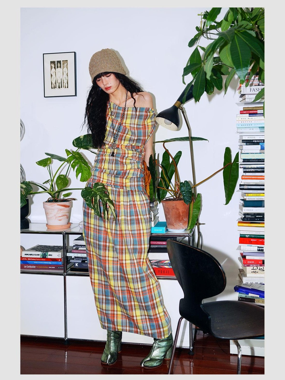 badtaste Yellow Vintage Plaid Drape Collar Pleated Structured Women's Casual Maxi Dresses