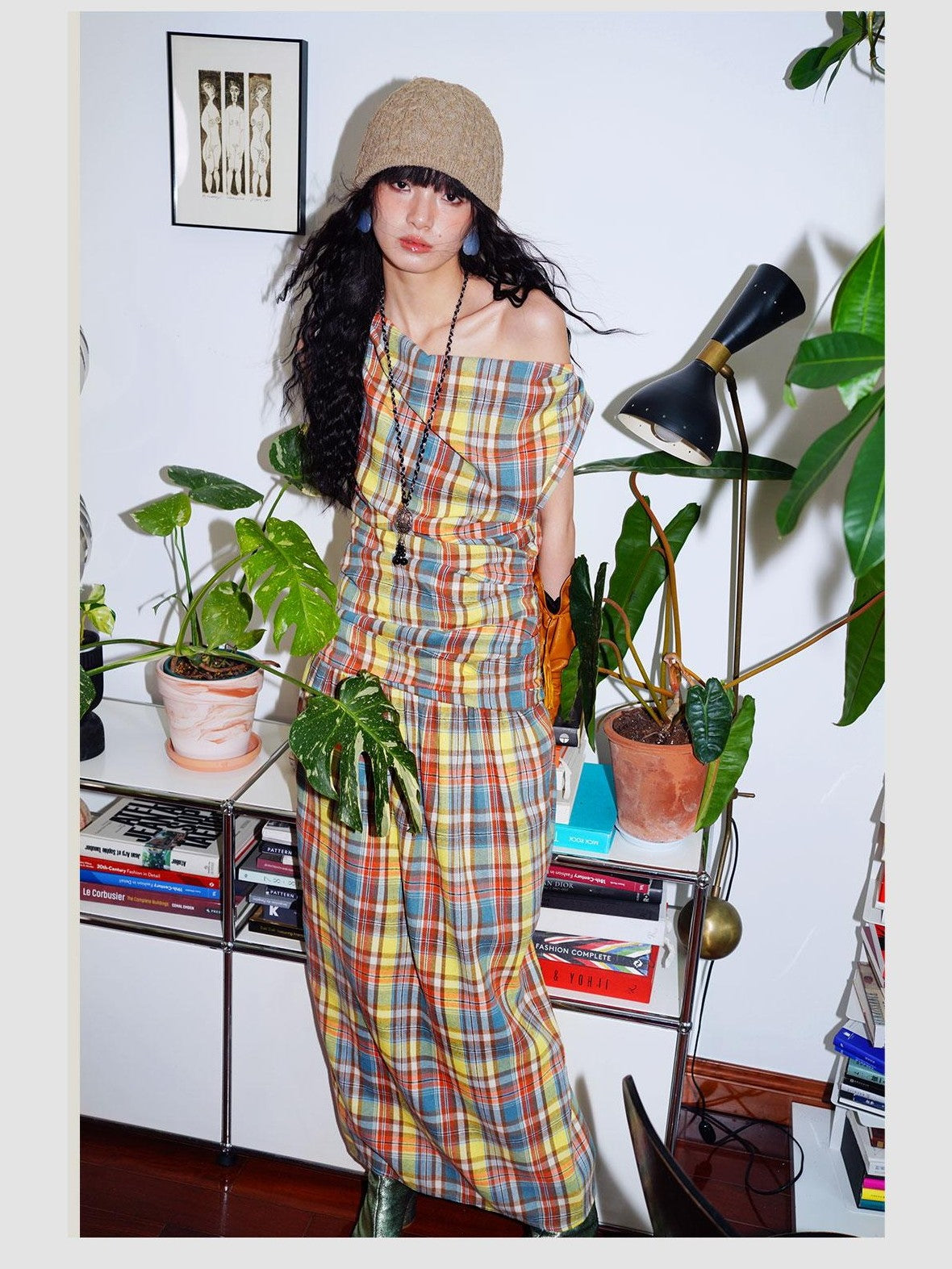 badtaste Yellow Vintage Plaid Drape Collar Pleated Structured Women's Casual Maxi Dresses