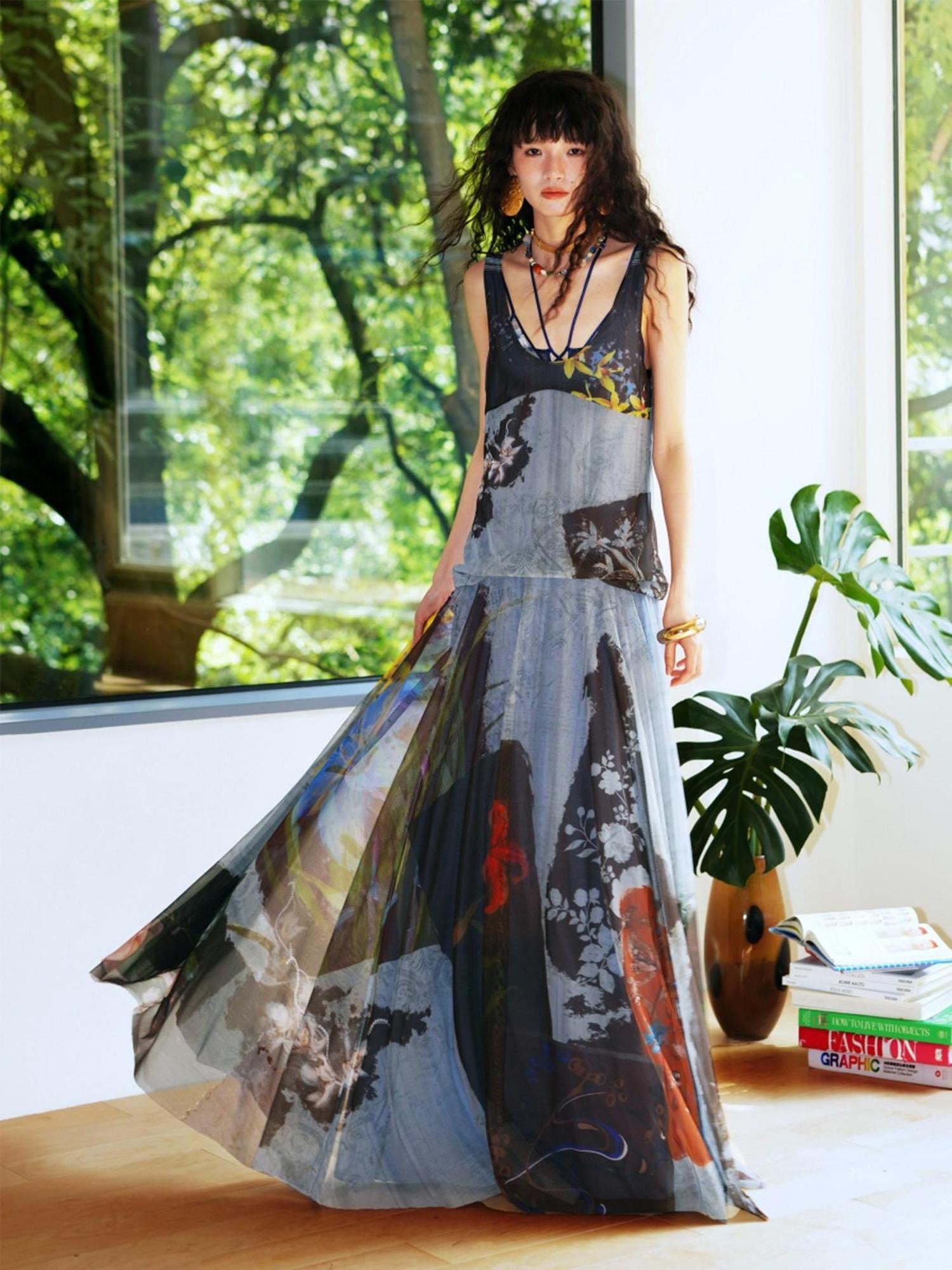 badtaste Yellow Western Printed Sleeveless Full Swing Women's Slip Maxi Dresses