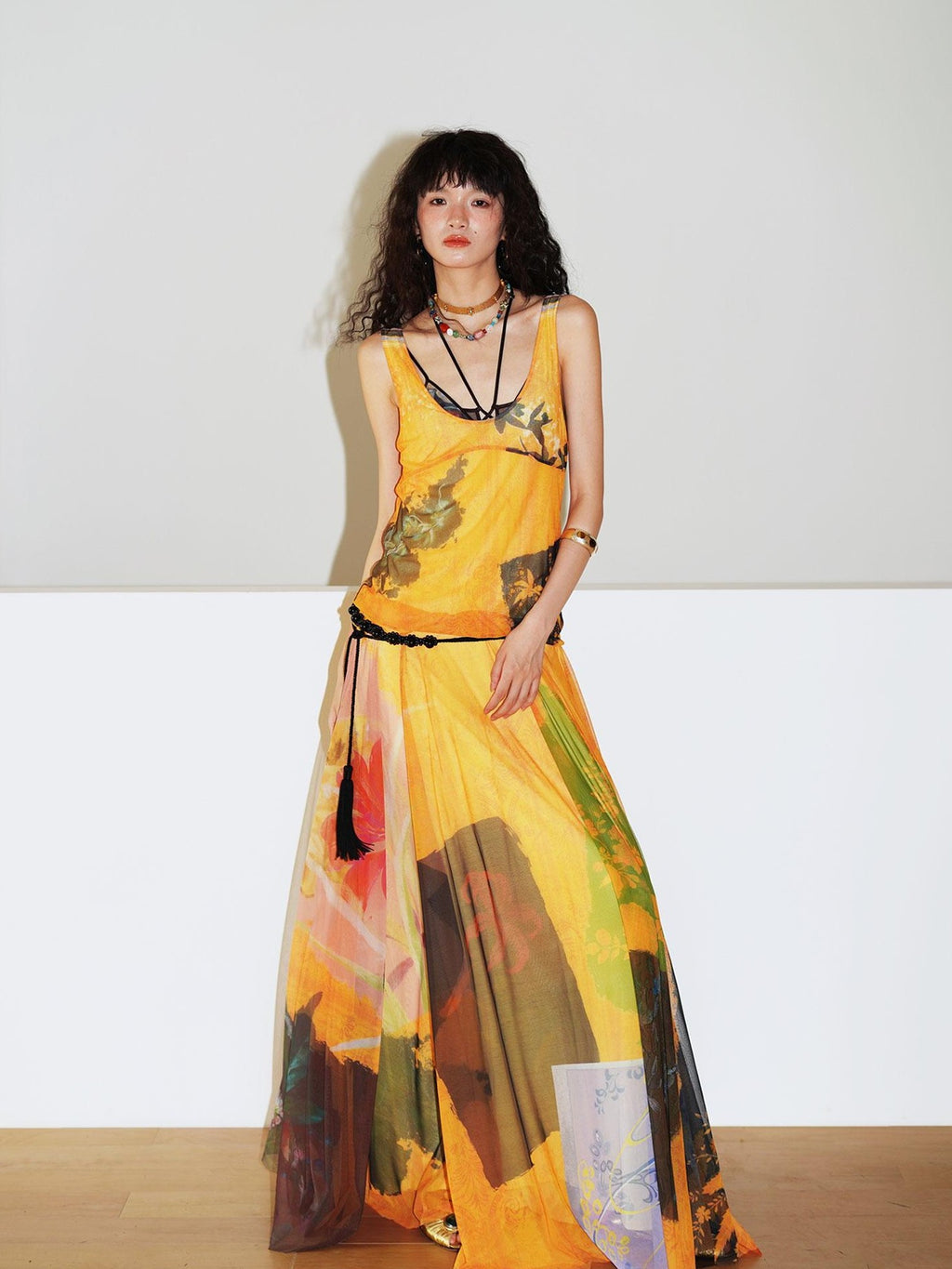 badtaste Yellow Western Printed Sleeveless Full Swing Women's Slip Maxi Dresses